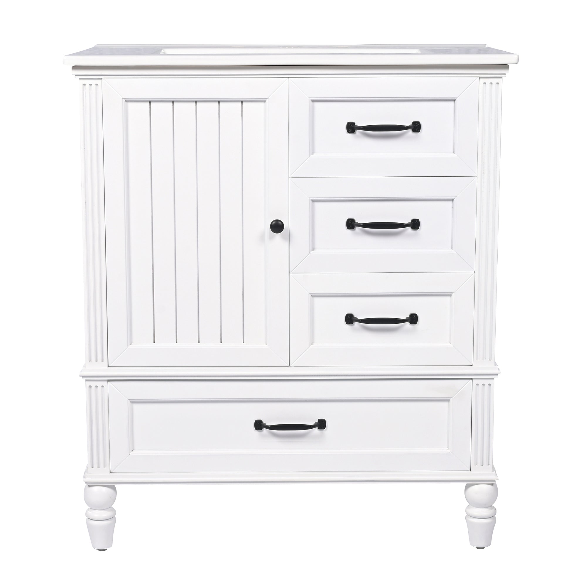 30" Bathroom Vanity With Sink, Bathroom Cabinet With A Door, Three Drawers, Solid Wood Legs & Mdf Board, Adiustable Foot Pads, White White Mdf