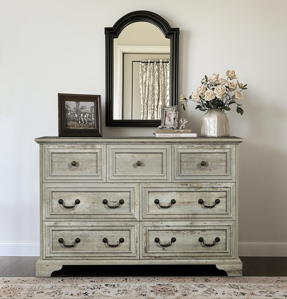 Farmhouse 7 Drawers Dresser For Bedroom, Rustic Chest Of Drawers With Natural Texture, Vintage Design, Storage Dressers Organizer For Bedroom, Living Room, Hallway, Antique White Ancient Oak Gray