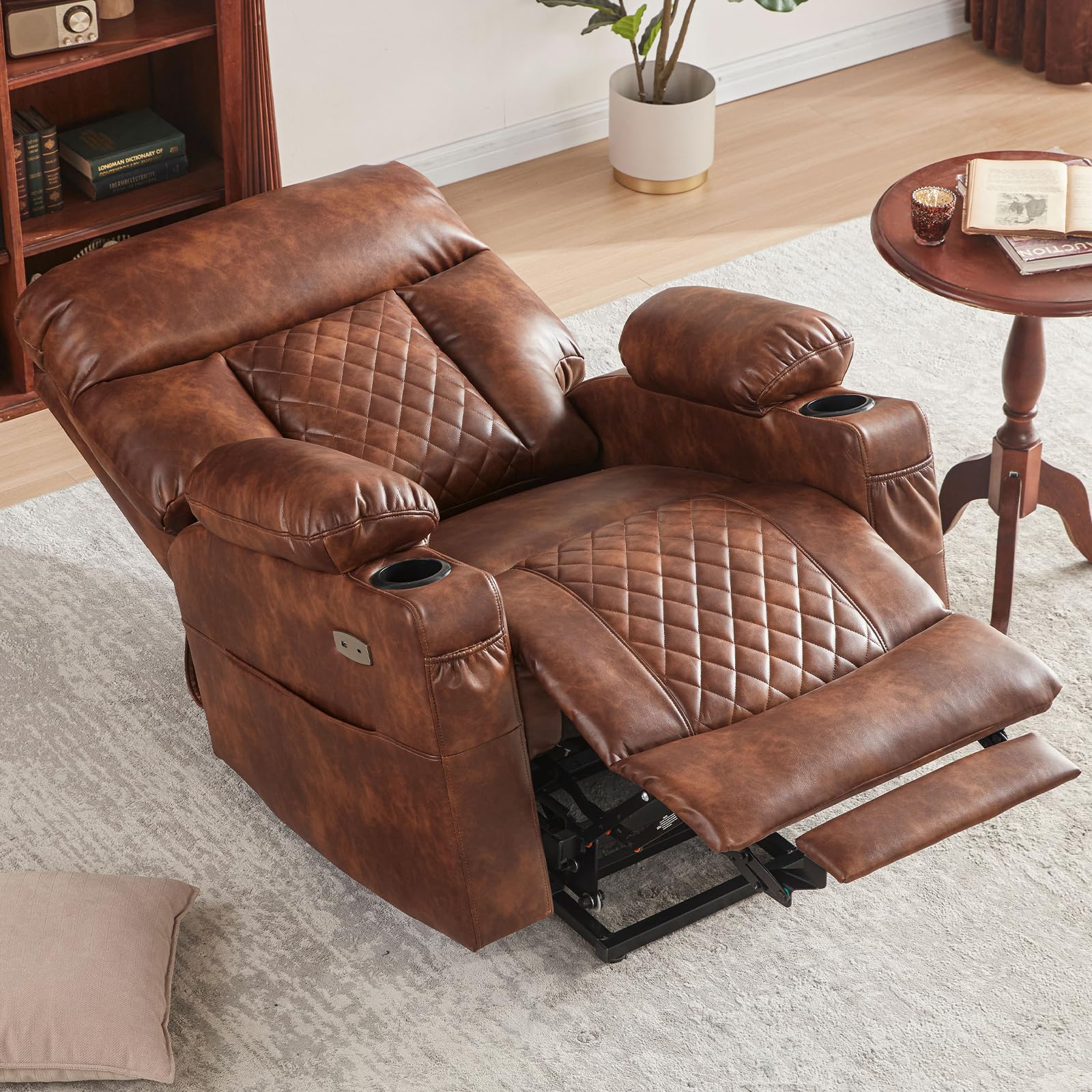 Lift Chairs Recliner For Elderly Heat And Massage Chair Recliner Electric Power Recliner With Cup Holder Extended Footrest Usb & Type C Ports, Brown Light Brown Wood Primary Living Space Heavy Duty