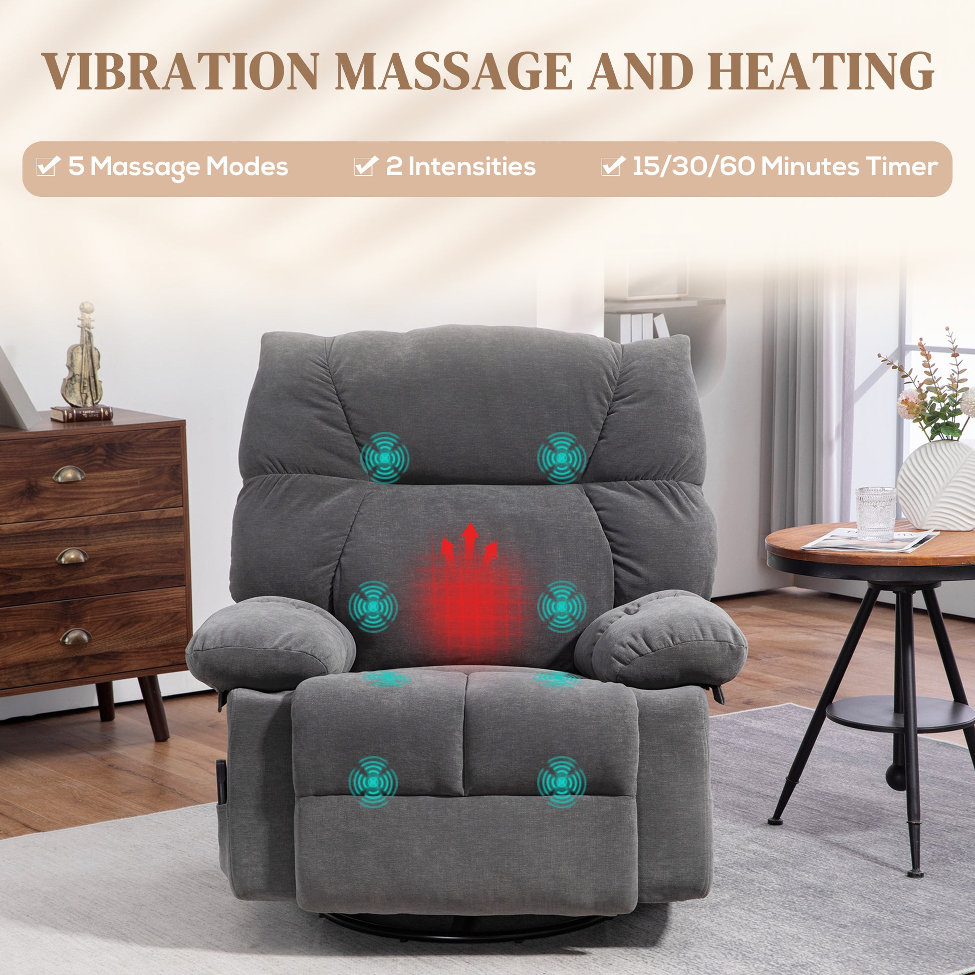 Homcom Vibration Massage Chair Recliner With Heat, Oversized Swivel Rocker Chair, Single Sofa, Teddy Fabric Manual Recliner Chair With Footrest, Remote, And 4 Side Pockets, Dark Gray Dark Gray Polyester