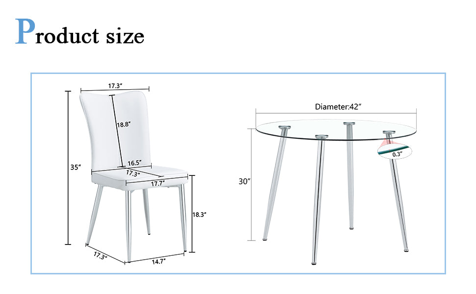 Table And Chair Set.A Modern Minimalist Round Dining Table With Transparent Tempered Glass Top And Silver Metal Legs,Paried With 6 Chairs With Pu Backrest And Seat Cushion And Silver Metal Legs.