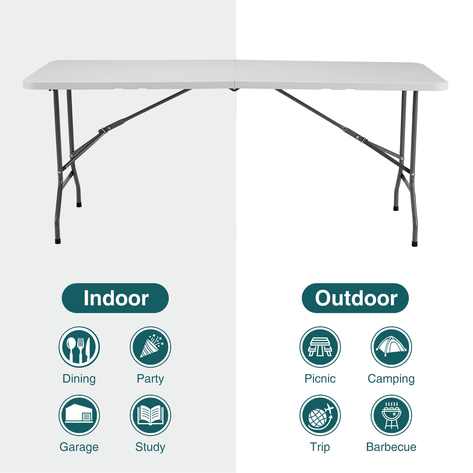 6Ft Folding Table Outdoor Indoor Heavy Duty Portable Table With Carrying Handle For Camping Picnic Party White Metal & Wood