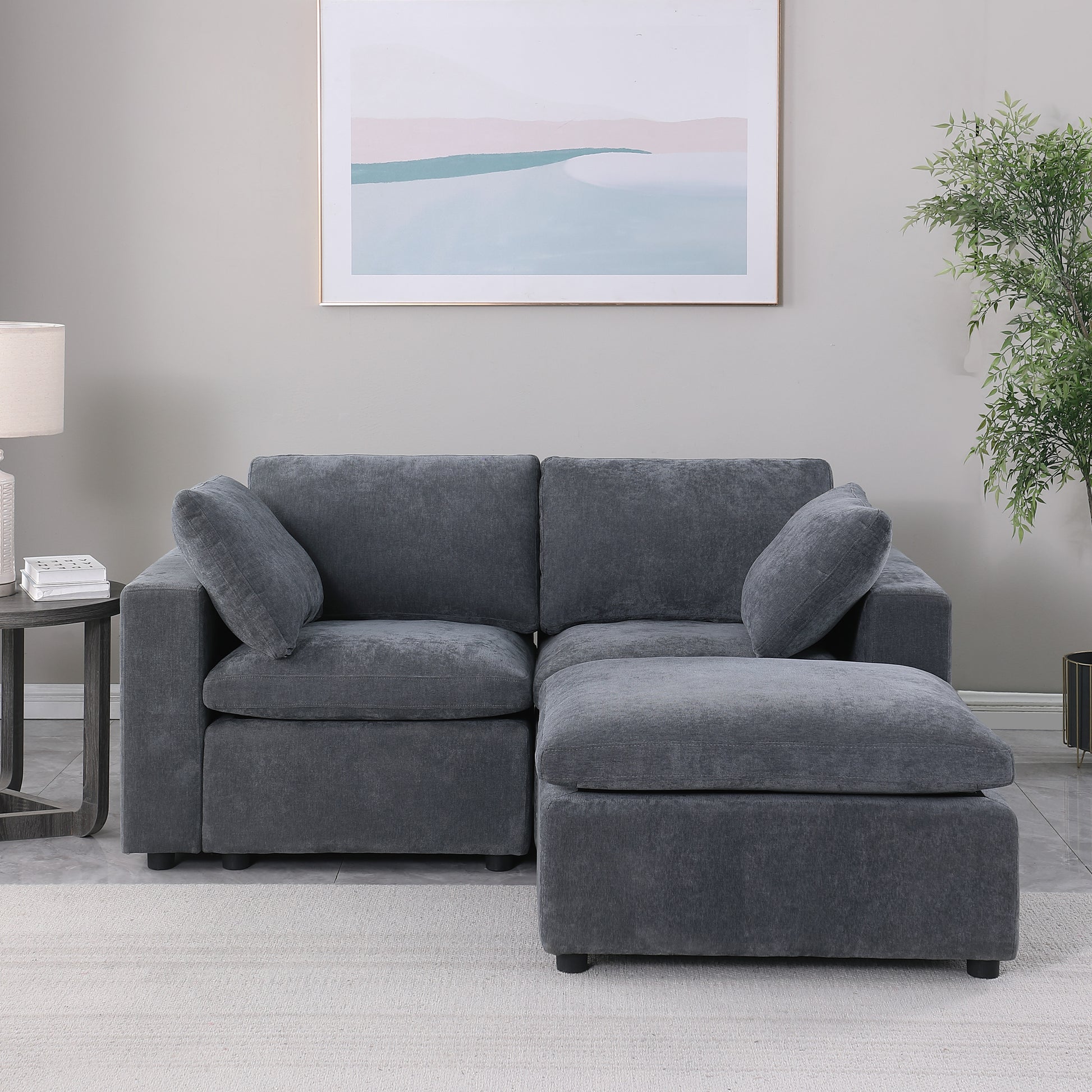 68.5" Loveseat Sofa With Ottoman Modular Sectional Beautiful Seat Couch Small L Shaped Upholstered Couch For Living Room Apartment Small Space, Chenille Grey Grey Fabric 3 Seat