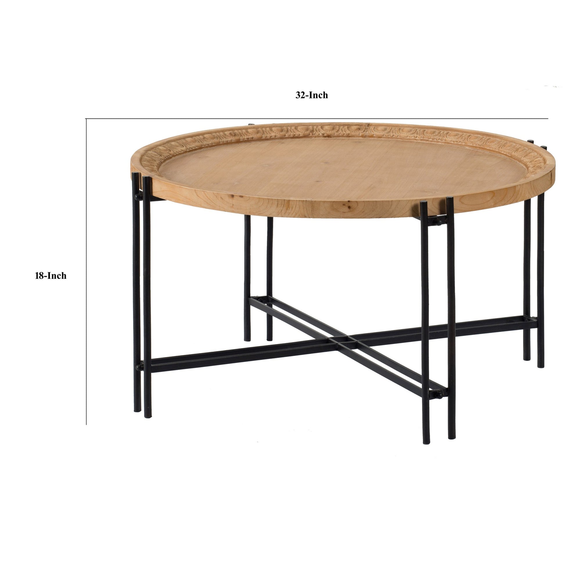 32 Inch Fir Wood Coffee Table, Intersecting Metal Legs, Brown And Black Brown Wood
