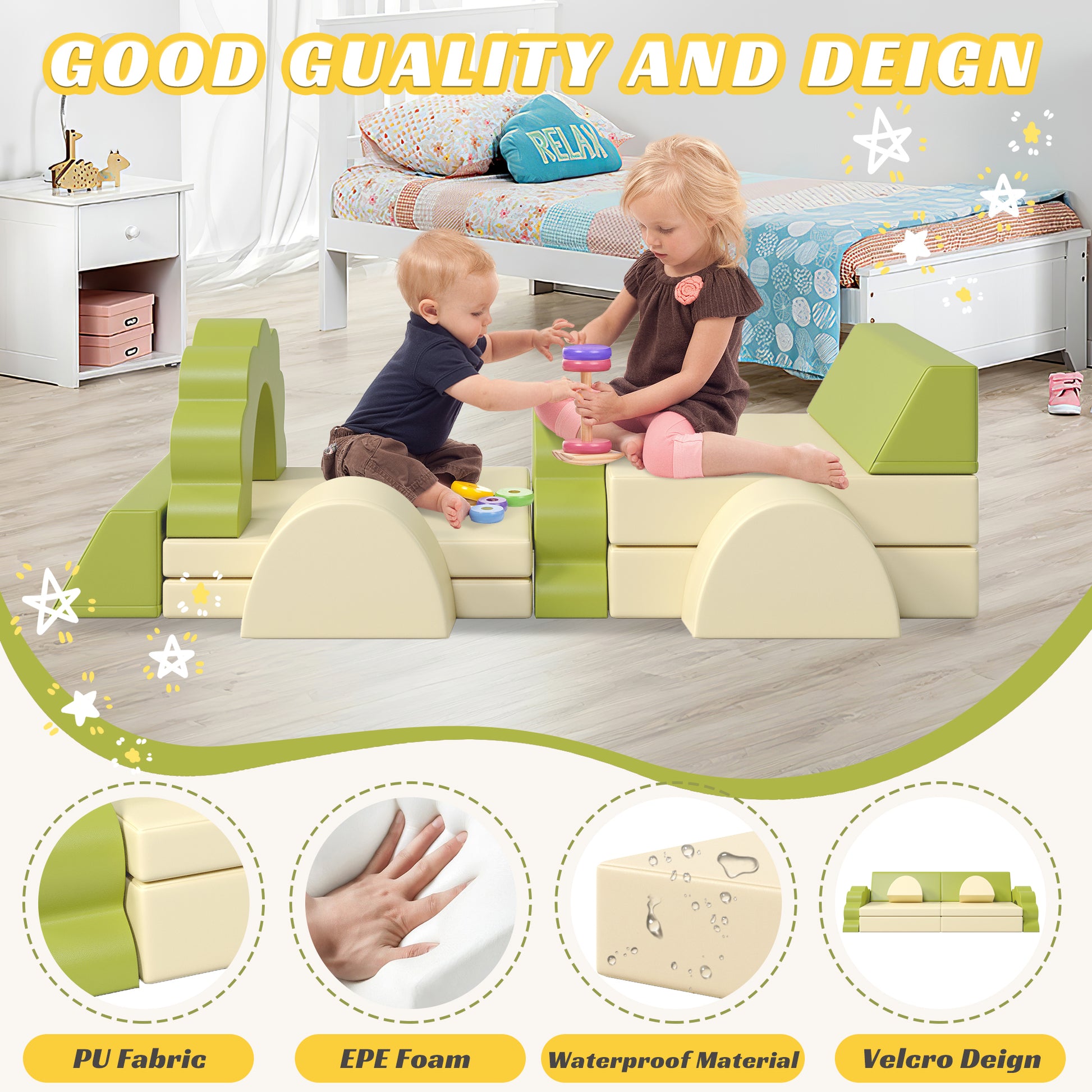 10Pcs Kids Couch For Playroom, Baby Climbing And Crawl Foam Play Set, Foam Climbing Blocks Convertible Sofa ,Kids Play Couch, Indoor Climbing Structure For Toddlers, Infant, Kids, Pre School Yellow Foam