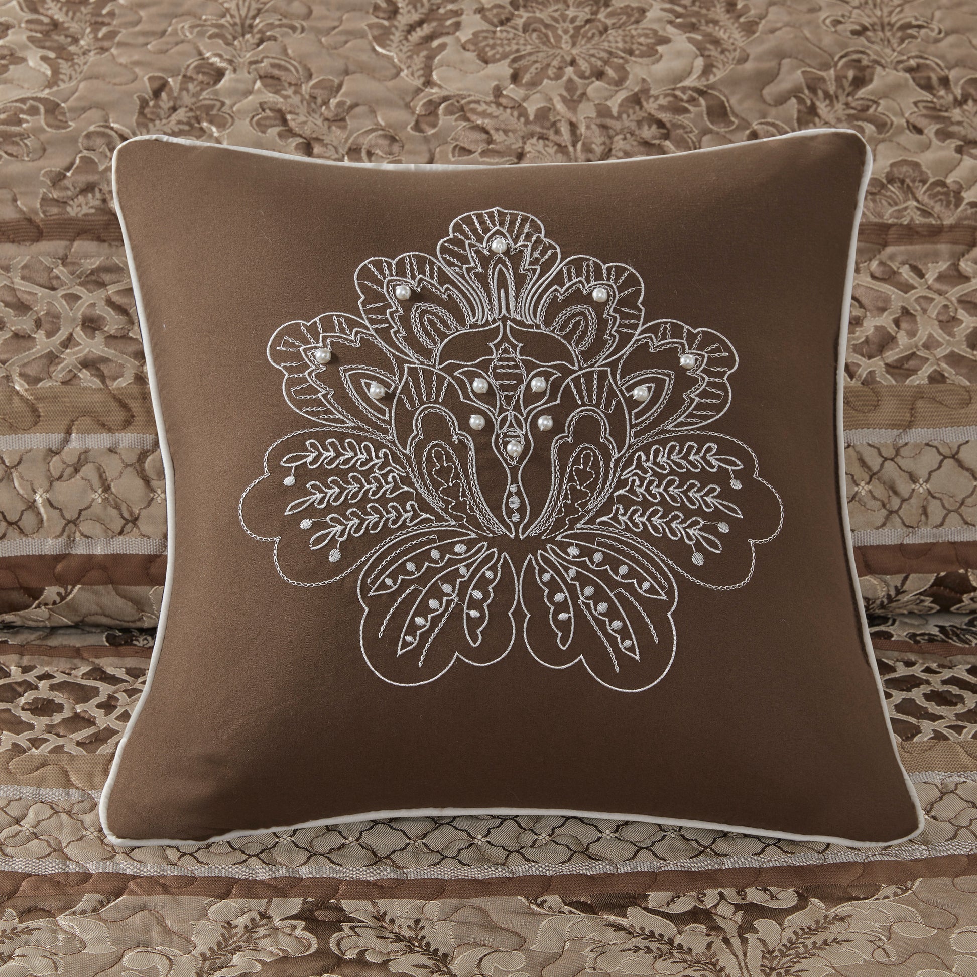 5 Piece Reversible Jacquard Bedspread Set Brown Gold Queen Queen Brown Gold Microfiber