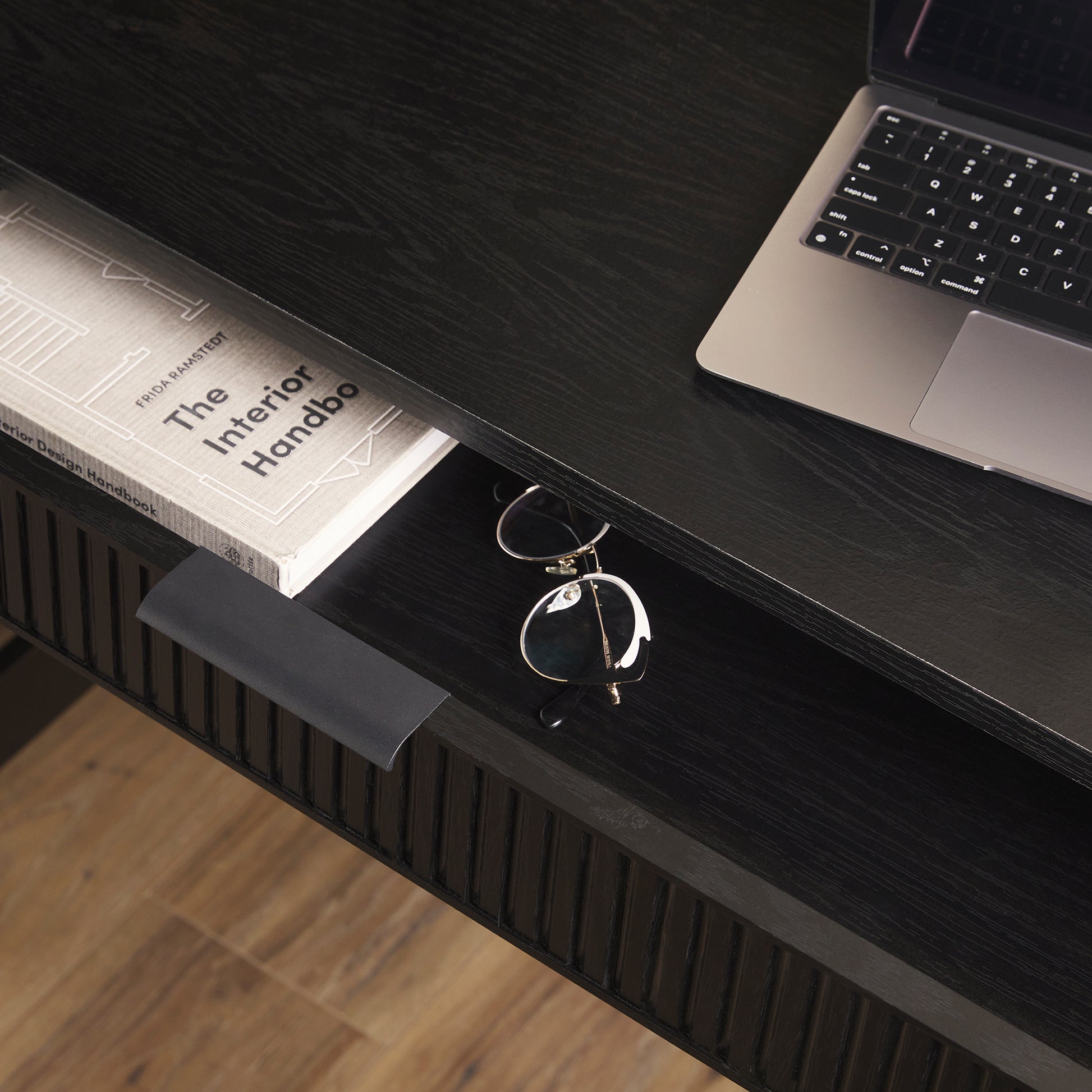 Transitional Reeded Writing Desk With Drawer Black Black Mdf Mdf