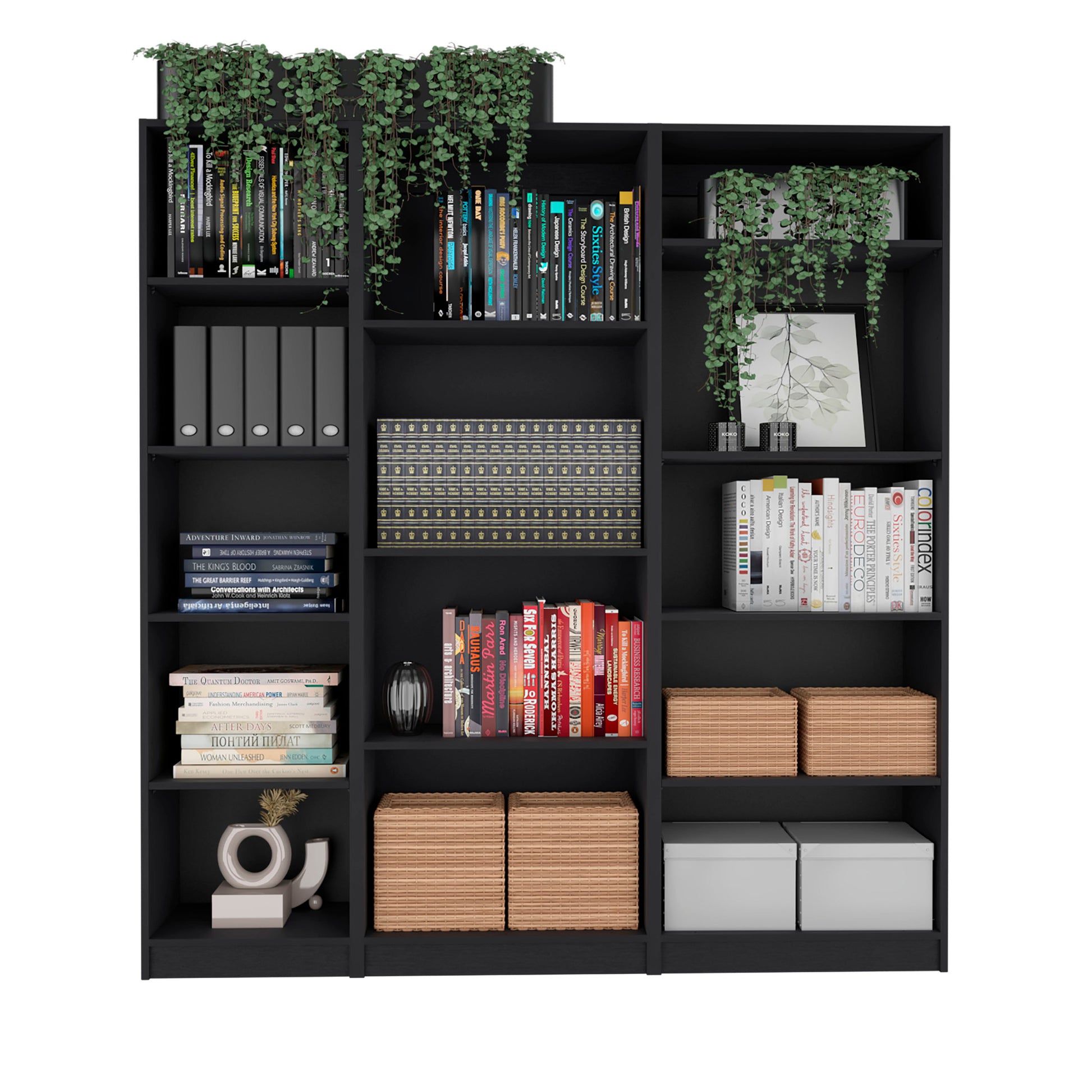 Dupree 3 Piece Home Bookcase Set, 67" Wide With 14 Shelvesliving Room Set Set Black Freestanding 5 Or More Shelves Black Office Open Storage Space Modern Particle Board