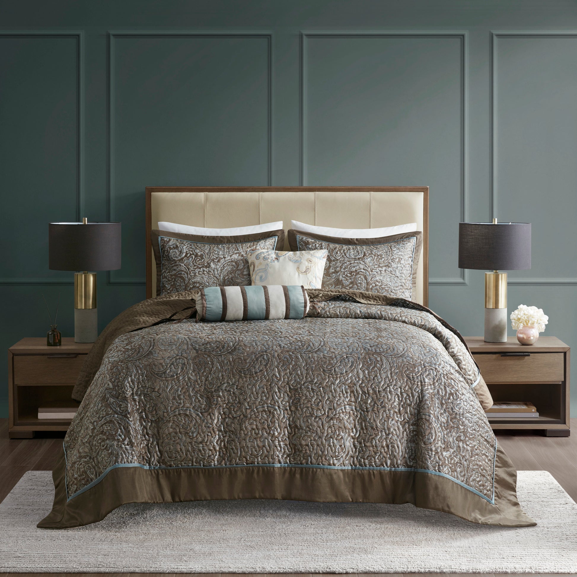 5 Piece Jacquard Bedspread Set With Throw Pillows Blue Brown King King Blue Brown Cotton