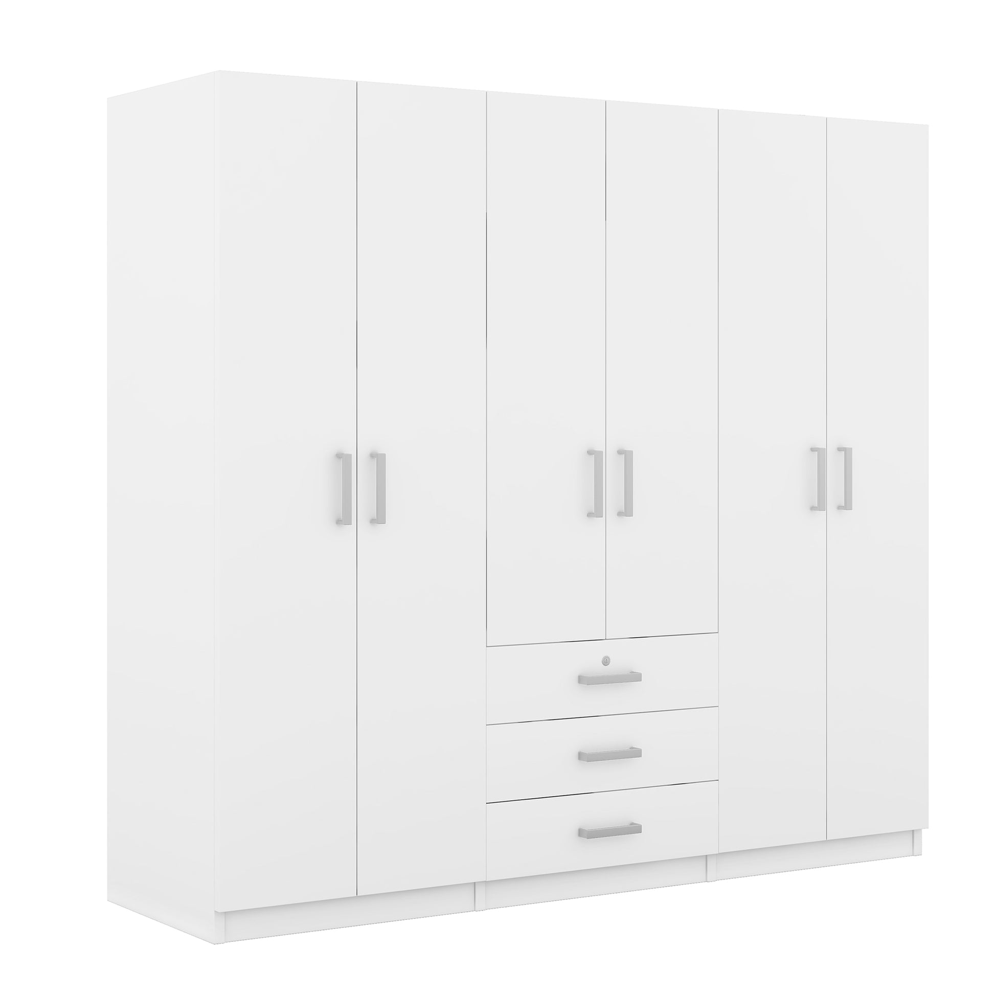 6 Doors Wooden Wardrobe Storage For Bedroom, With Big Drawers, White White Plywood