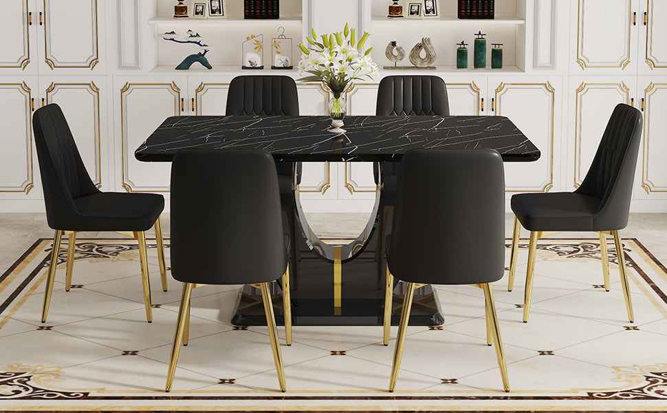 Table And Chair Set.63"W X 37"D X 30"H Black Marble Mdf Diningtable Set With 6 Black Pu Chairs With Gold Metal Legs.Bring A Comfortable Home Experience To The Kitchen, Bedroom, And Office.