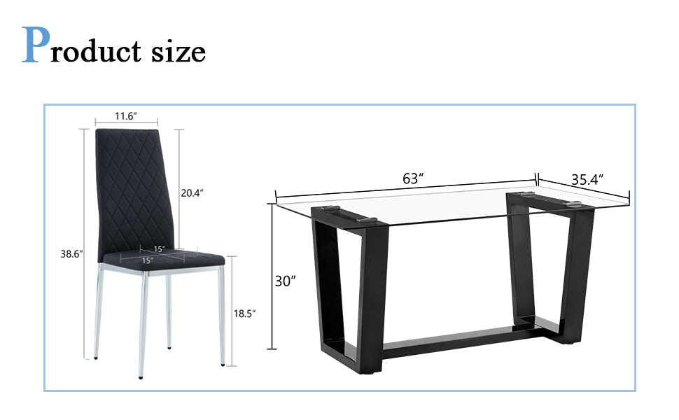 Table And Chair Set.A Rectangular Dining Table Features With Tempered Glass Top And Sleek Black Mdf Stand.Paried With 4 Pu Chairs With Checkered Armless High Back And Electroplated Metal Legs. Black,Transparent Seats 4 Mdf Glass