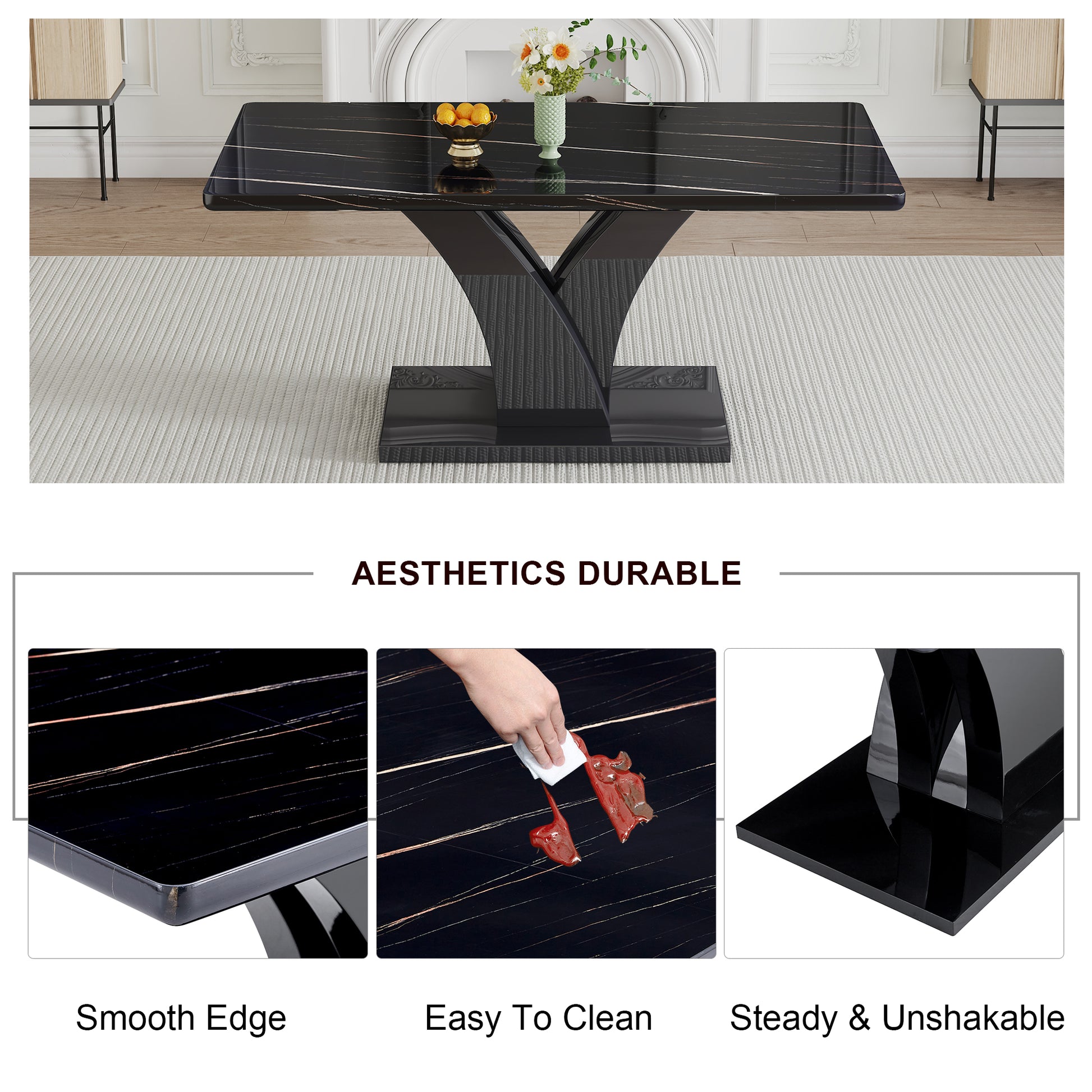 Table And Chair Set, Modern Dining Table, Black Tabletop And Black Mdf Leg Table, Soft And Comfortable Dining Chair, Perfect For Dinner, Meetings, Home And Office Decor Black Grey Mdf