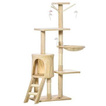 Pawhut 53" Plush Sturdy Interactive Cat Condo Tower Scratching Post Activity Tree House Beige Beige Mdf