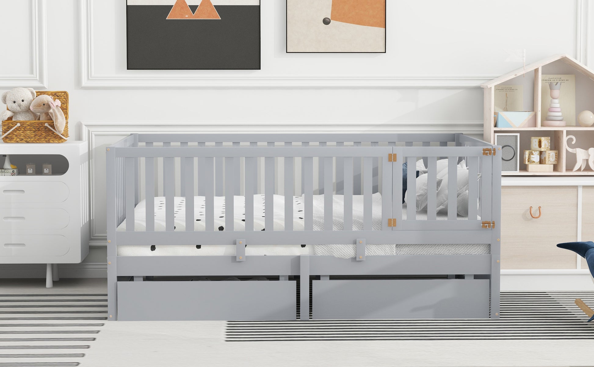 Full Size Wood Daybed With Fence Guardrails And 2 Drawers, Split Into Independent Floor Bed & Daybed, Gray Old Sku :Lp000882Aae Full Gray Solid Wood Mdf