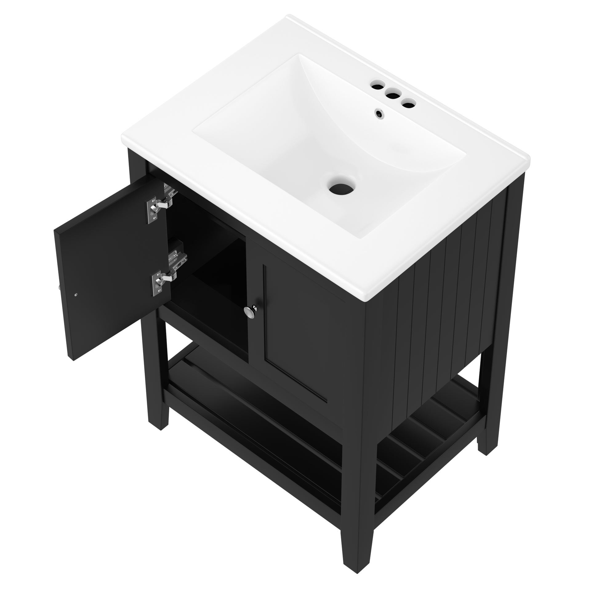 Video 24" Black Modern Sleek Bathroom Vanity Elegant Ceramic Sink With Solid Wood Frame Open Style Shelf Black Solid Wood Mdf