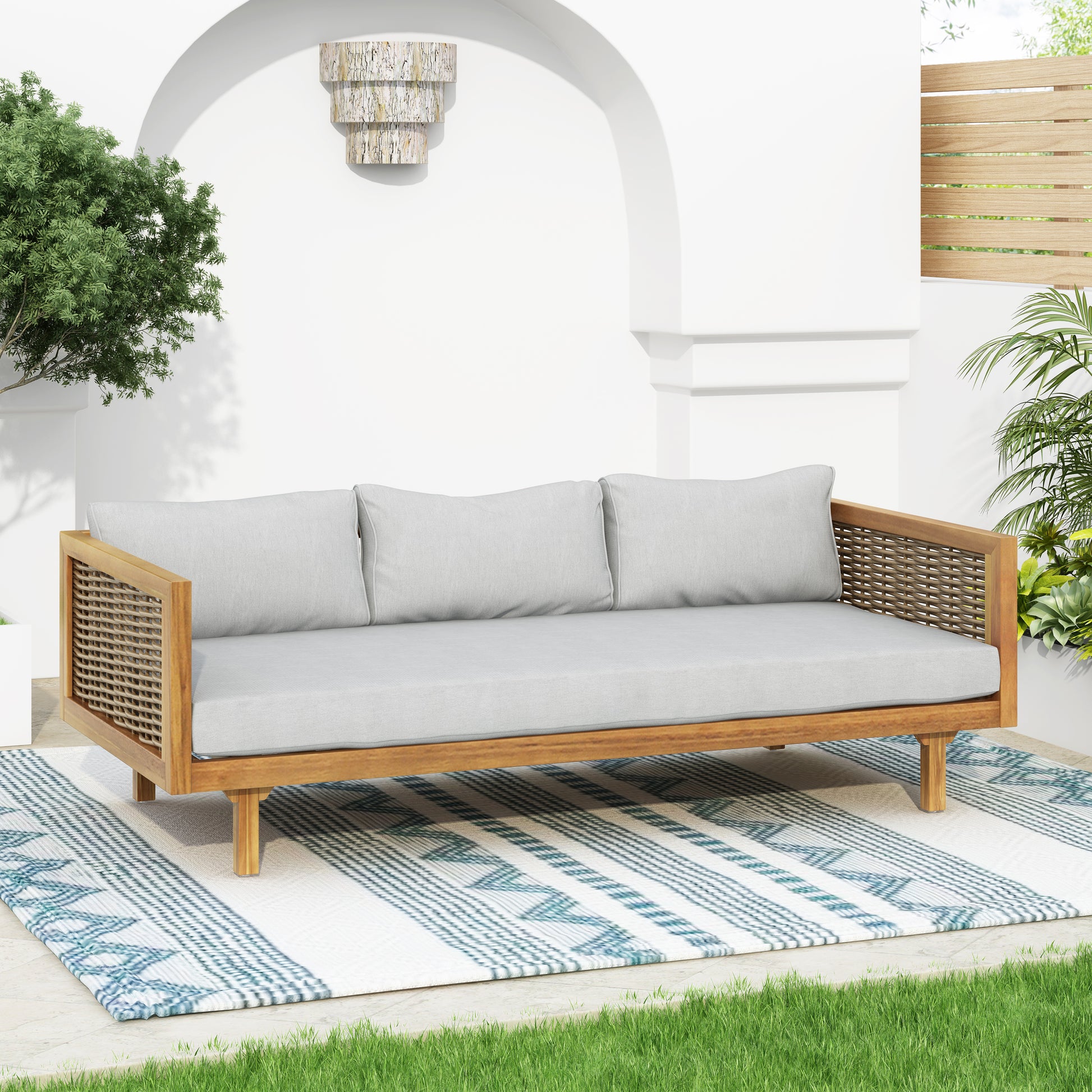 Claremont 3 Seater Daybed With Rattan Arms Light Grey Cushion Teak Wood Fabric Rattan