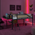 Single Metal Loft Bed With Rectangular Desk, Led Lights, Led Loft Bed Frame Double Bed With Storage Shelves And Hanging Storage Compartments, Safety Guard And Ladder, No Box Springs Required, Rattan G Full Black Brown Mdf Iron