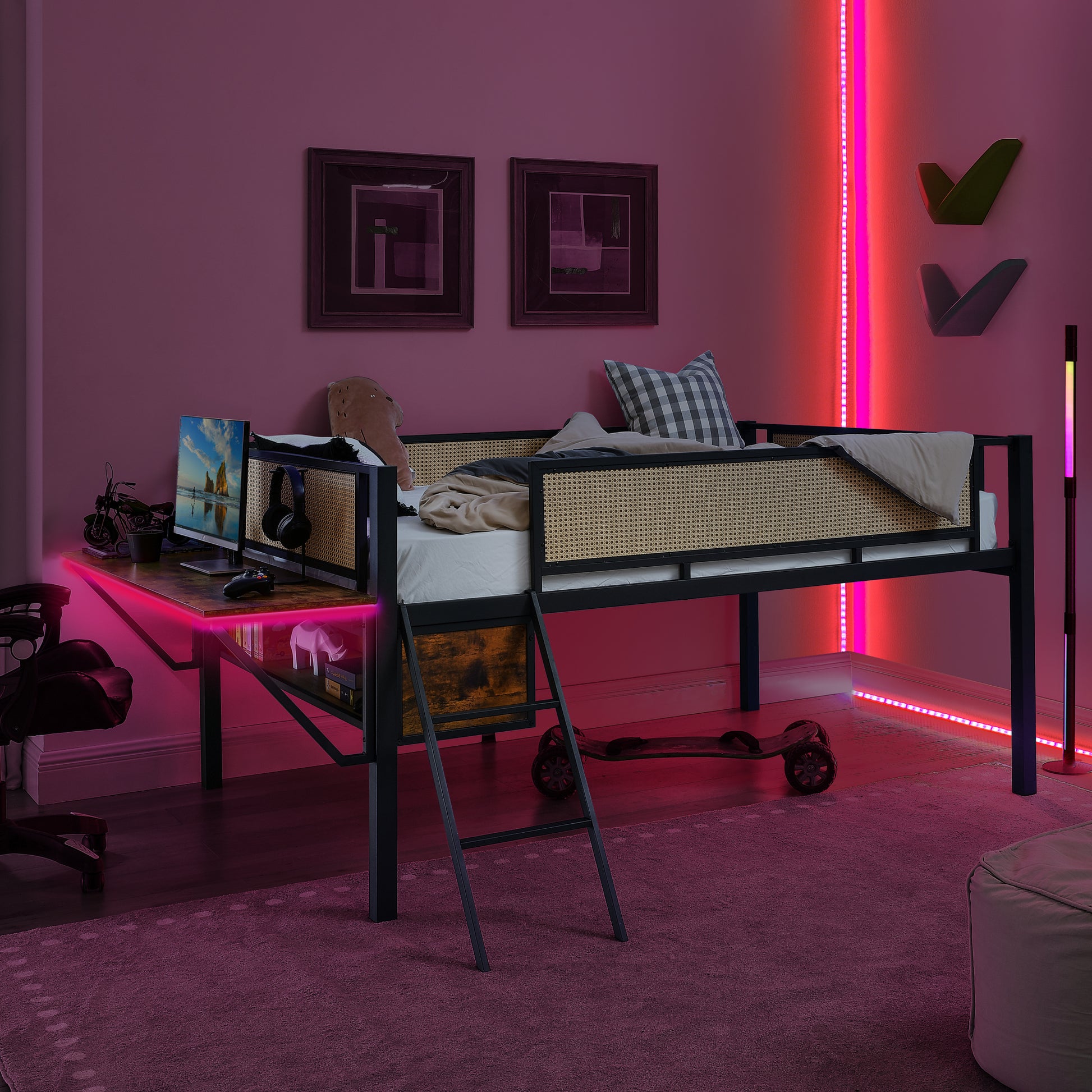 Single Metal Loft Bed With Rectangular Desk, Led Lights, Led Loft Bed Frame Double Bed With Storage Shelves And Hanging Storage Compartments, Safety Guard And Ladder, No Box Springs Required, Rattan G Full Black Brown Mdf Iron