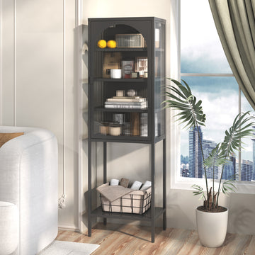 Metal Glass Door Display Storage Cabinet 5 Tier Cube Bookshelf Storage Cabinet With 3 Adjustable Shelves For Kitchen, Dining Room, Living Room, Bathroom, Home Office,Black Accent Chests 5 Or More Shelves Antique Black Primary Living Space Glass Doors