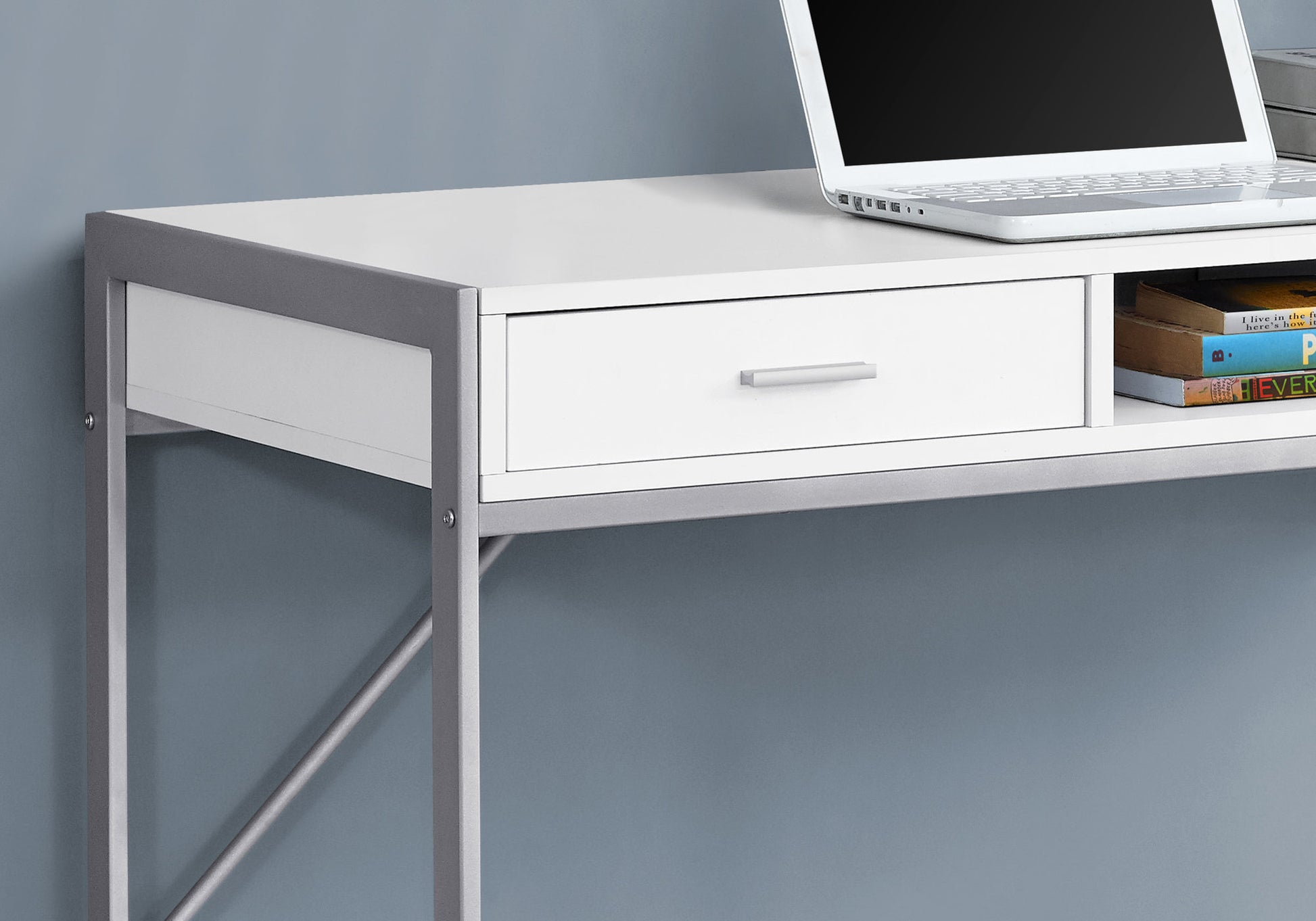 Computer Desk, Home Office, Laptop, Storage Drawers, 48"L, Work, White Laminate, Grey Metal, Contemporary, Modern White Mdf