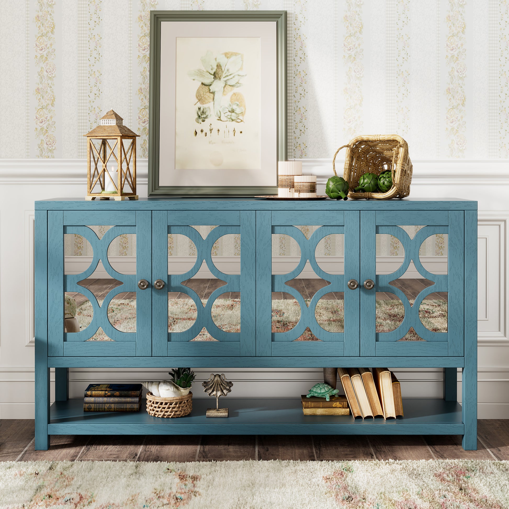 Elegant Retro Console Table Storage Cabinet Sideboard With Mirrored Doors, Spacious Shelves, And Durable Acacia Wood Legs Perfect For Living Room, Dining Room, Or Entryway Antique Navy Antique Navy Primary Living Space Solid Wood Mdf