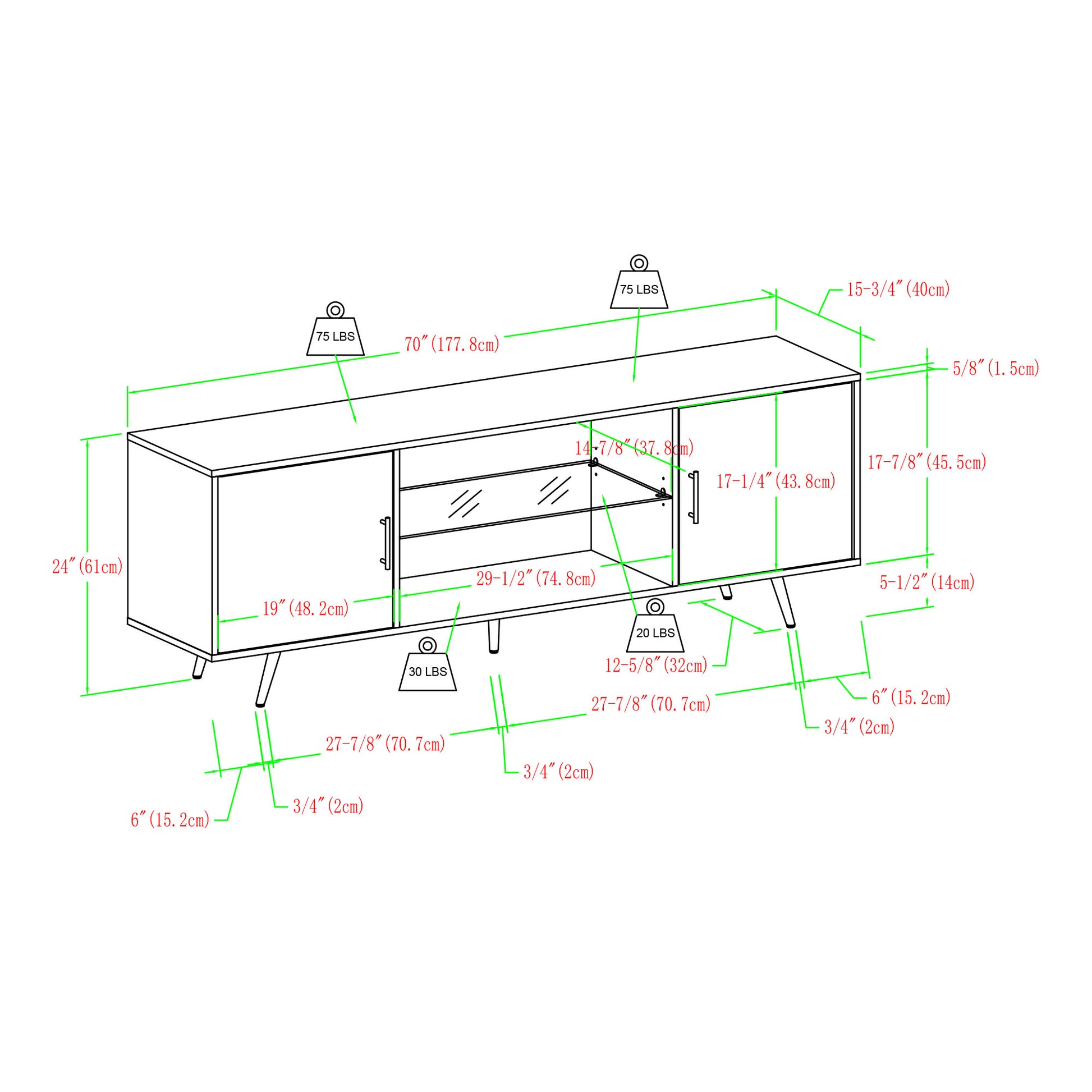 Mid Century Modern 2 Door 70" Tv Stand For 80" Tvs With Glass Shelf Birch Light Brown Mdf