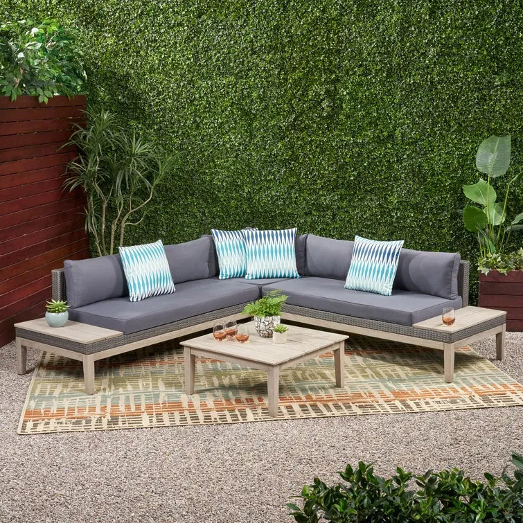 Loft Outdoor Acacia Wood And Wicker 5 Seater Sectional Sofa Set Grey Acacia Wood