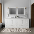 White Double Bath Vanity 84 In. W X 22 In. D, Carrara Marble Top, And Faucet Set White Plywood Wood