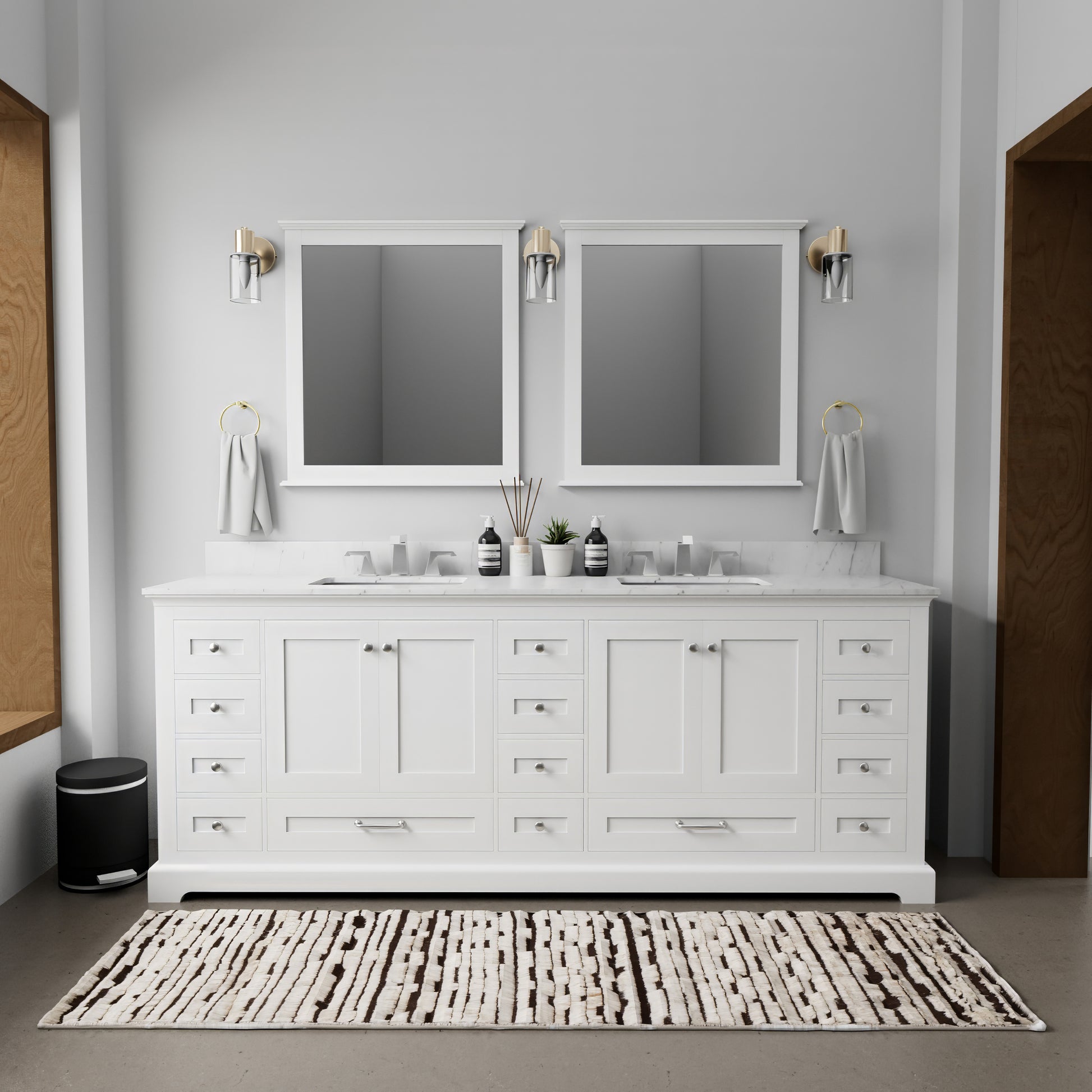 White Double Bath Vanity 84 In. W X 22 In. D, Carrara Marble Top, And Faucet Set White Plywood Wood