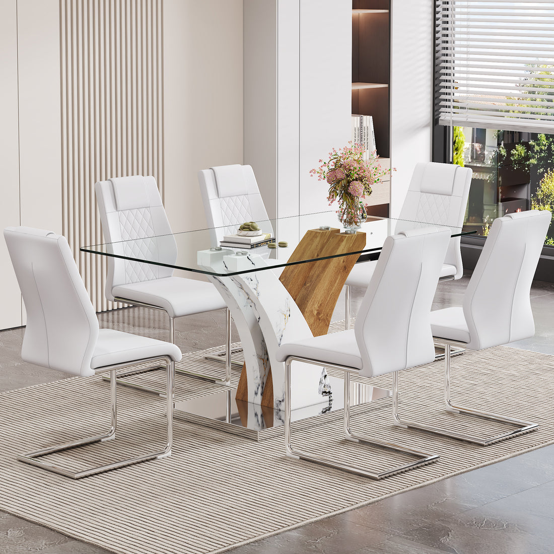 Table And Chair Set.Modern Dining Table, Tempered Glass Countertop With Artistic Mdf Legs.Paried With 6 Comfortable Chairs With Pu Seats And Metal Legs. Suitable For Various Decoration Styles. Transparent,White Seats 6 Mdf Glass