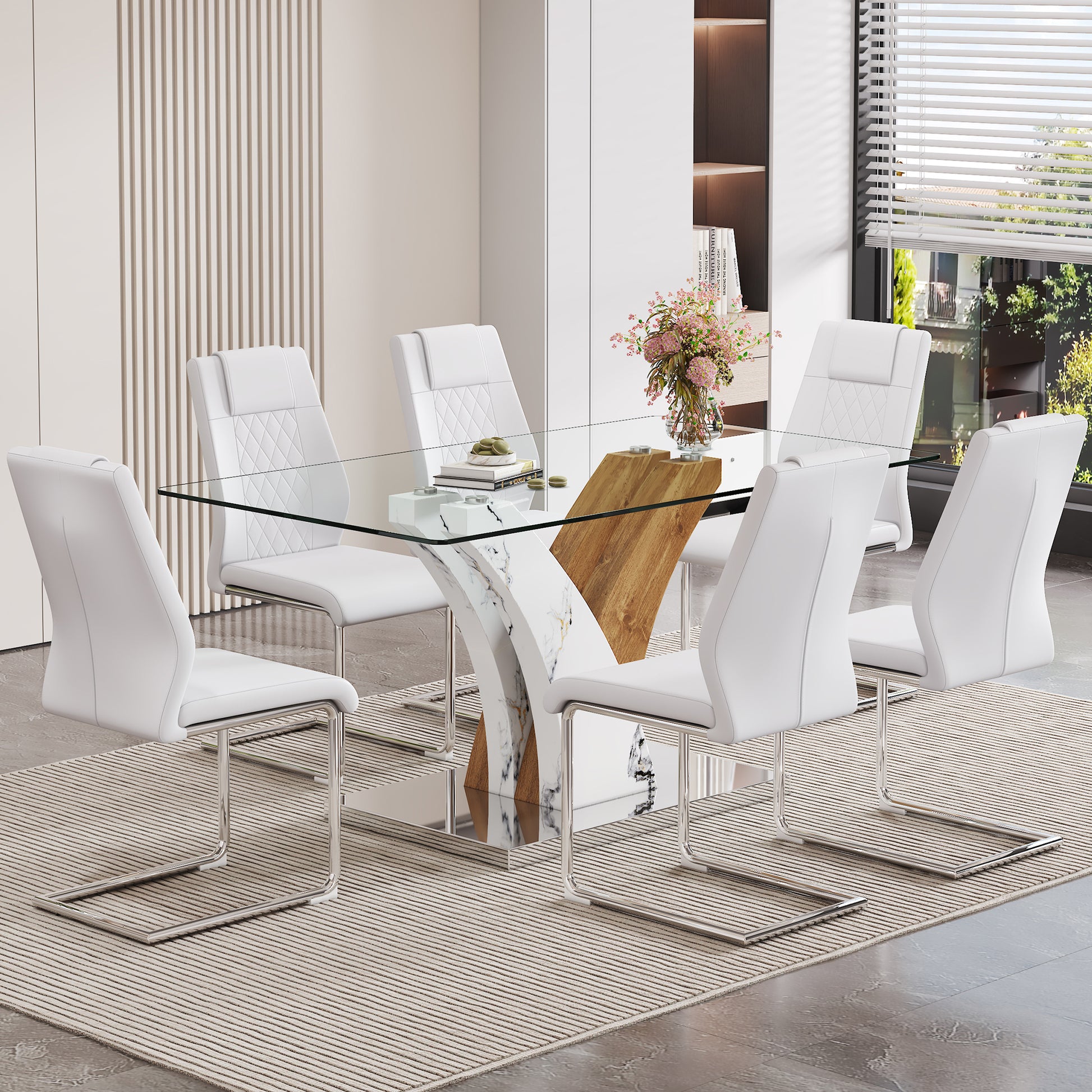 Table And Chair Set.Modern Dining Table, Tempered Glass Countertop With Artistic Mdf Legs.Paried With 6 Comfortable Chairs With Pu Seats And Metal Legs. Suitable For Various Decoration Styles. Transparent,White Seats 6 Mdf Glass