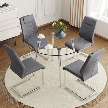 Table And Chair Set.A Modern Minimalist Round Dining Table With Transparent Tempered Glass Top And Silver Metal Legs,And 4 Chairs With Pu Backrest And Seat Cushion And Silver C Tube Metal Legs. Dark Gray,Transparent Seats 4 Glass Metal