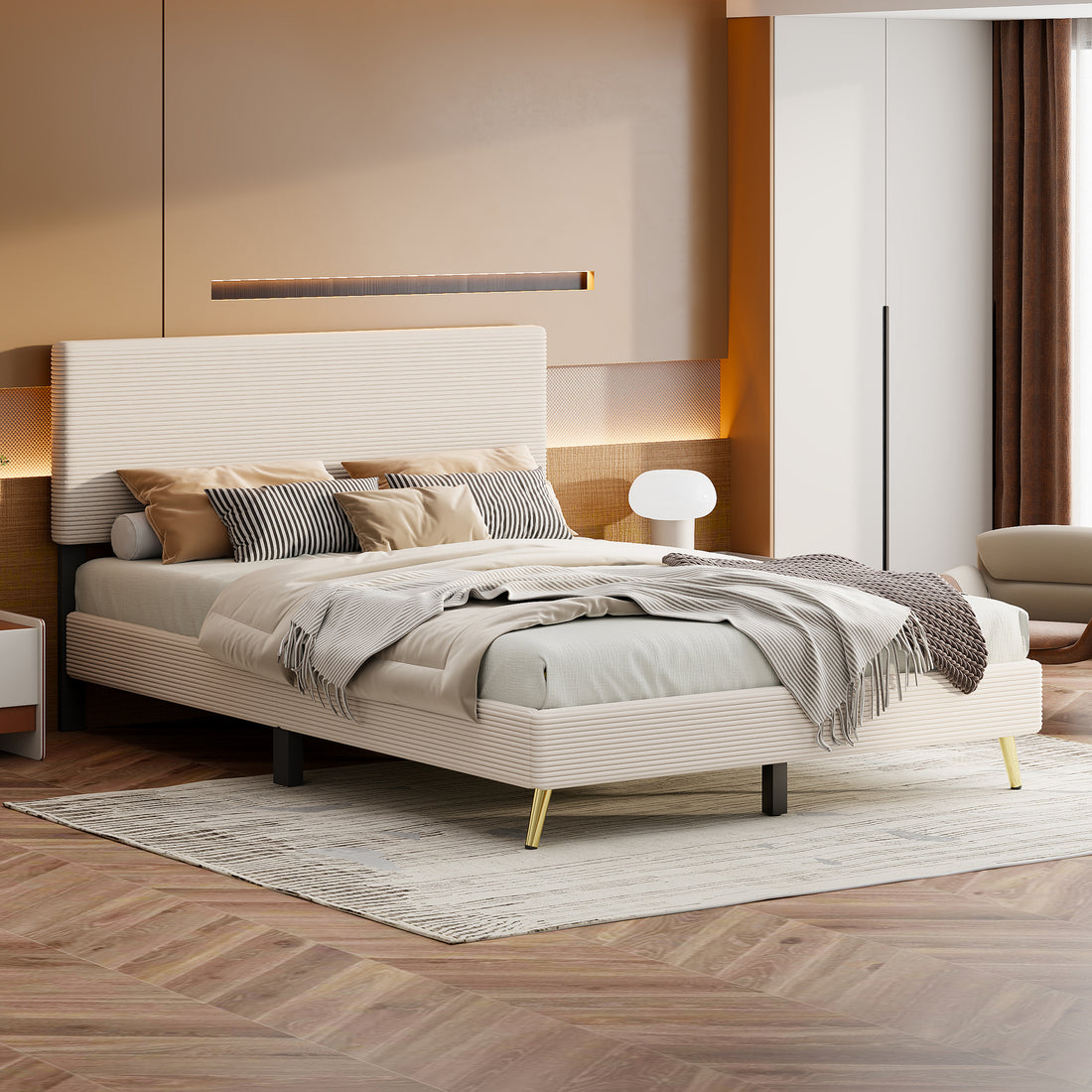 Queen Size Corduroy Upholstered Bed Frame, Platform Bed With Horizontal Stripe Headboard, No Box Spring Needed, Beige Queen Beige Bed Frame Solid Wood Mdf