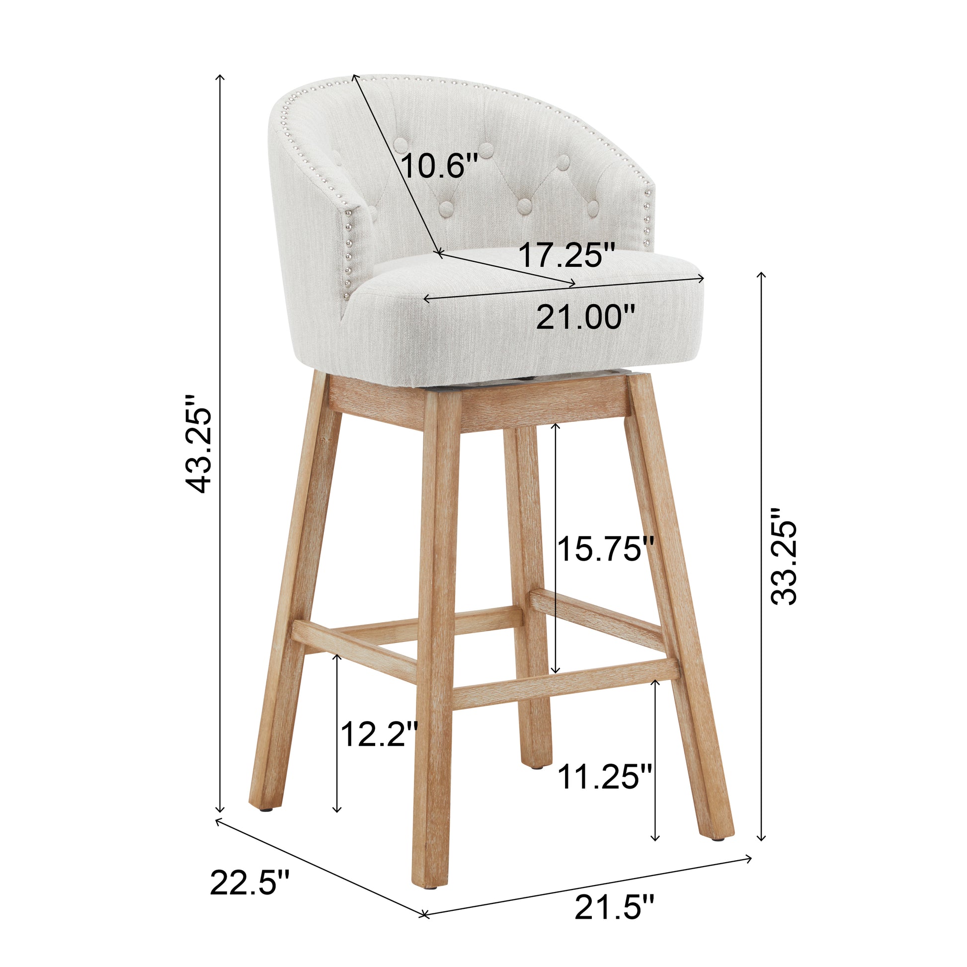 33.25" Swivel Counter Stools Set Of 2, Upholstered Counter Height Bar Stools With Solid Rubber Wood Frame, Backrest, Footrest, Armless Barstools For Home Bar, Kitchen Counter, Natural Beige