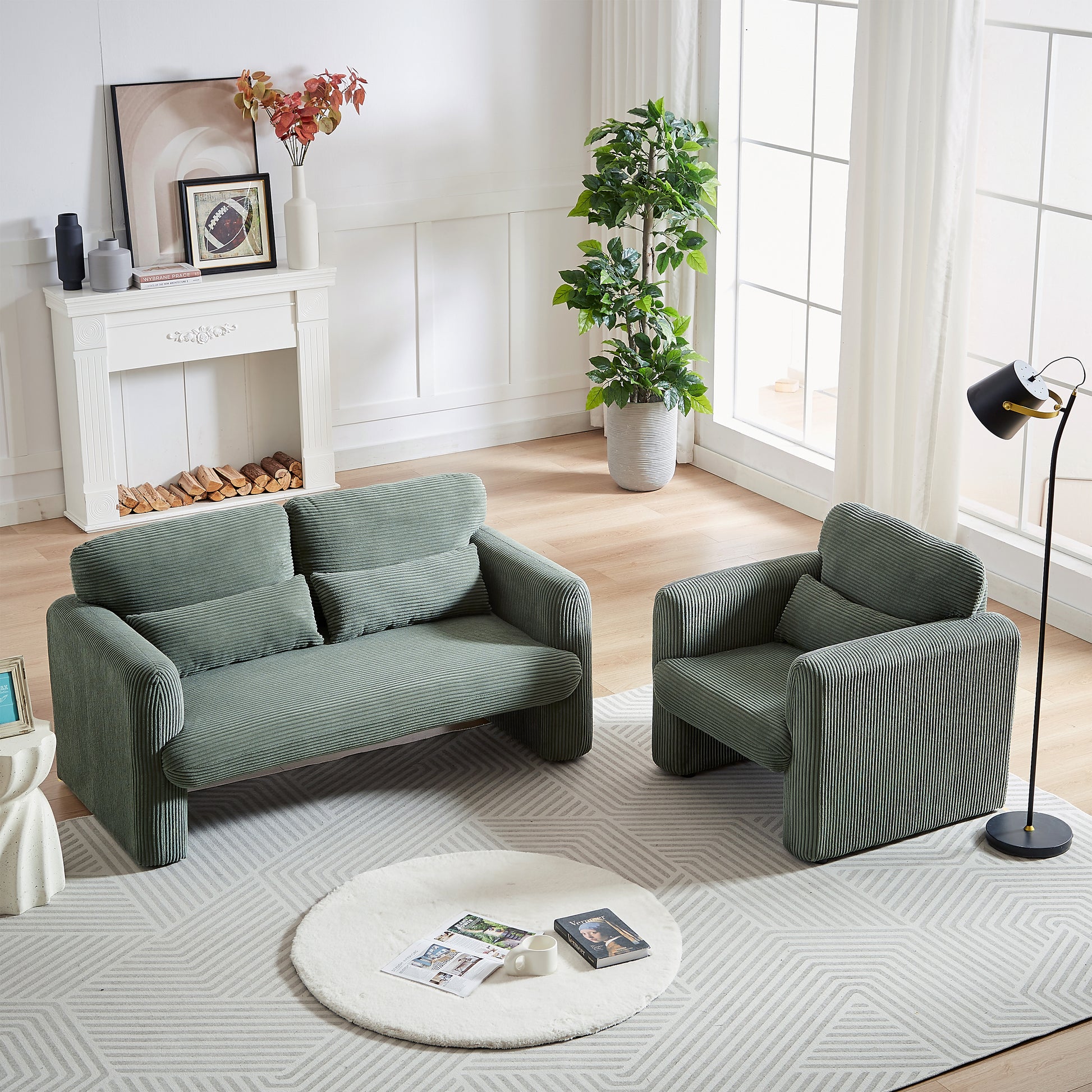 60"Corduroy Fabric Sofa With 33" Single Sofa, Modern Sofa With Support Pillowfor Apartment, Office, Living Room & Bedroom Green Corduroy 3 Seat