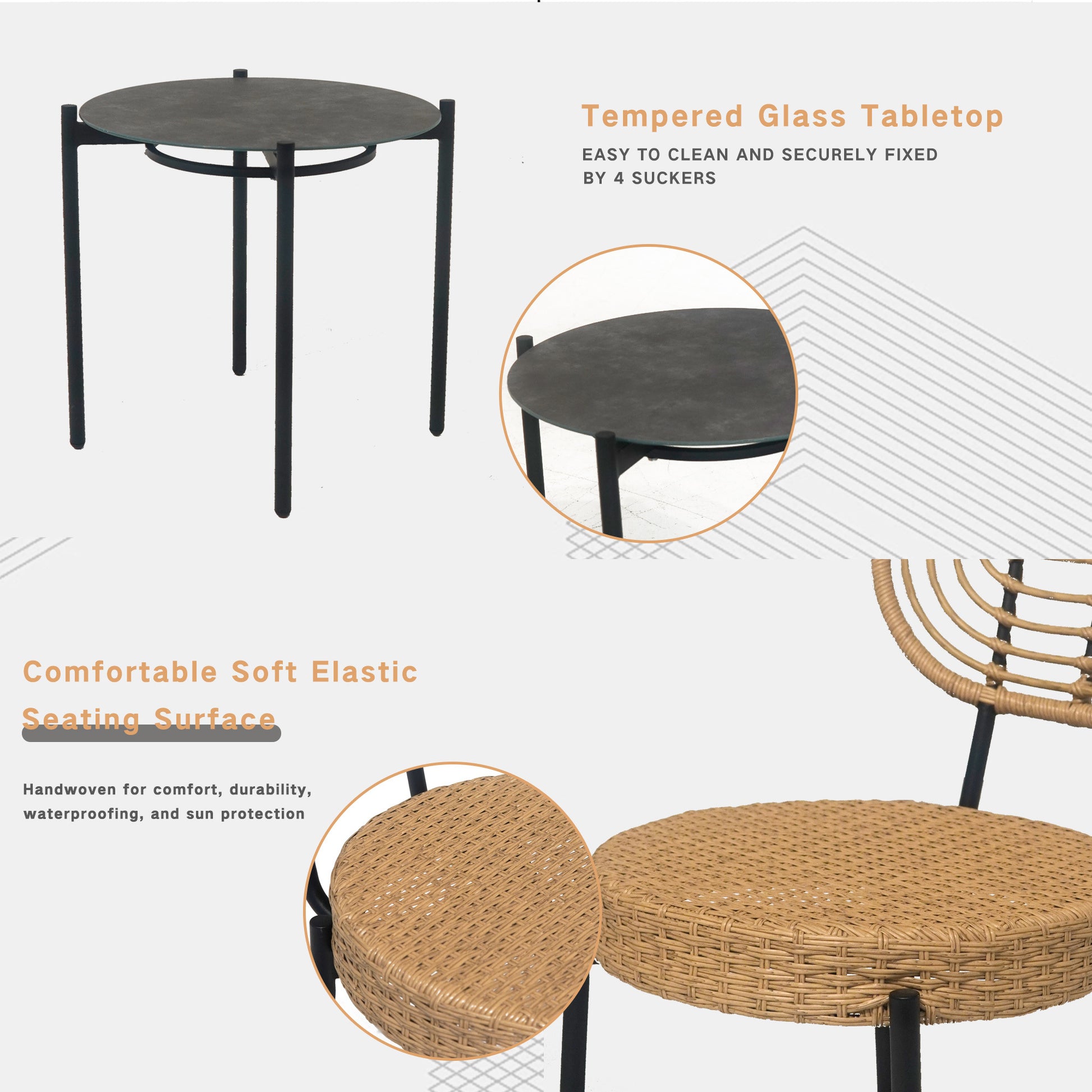 3 Pieces Of Luxury Outdoor Wicker Furniture Patio Bistro Style Table And Chair Combination,Weather Resistant Pe Wicker Weave, Stainless Steel Fame, Suitable For Garden, Terrace,Backyard Casua No Black Natural Seats 2 2 Person Seating Group Steel