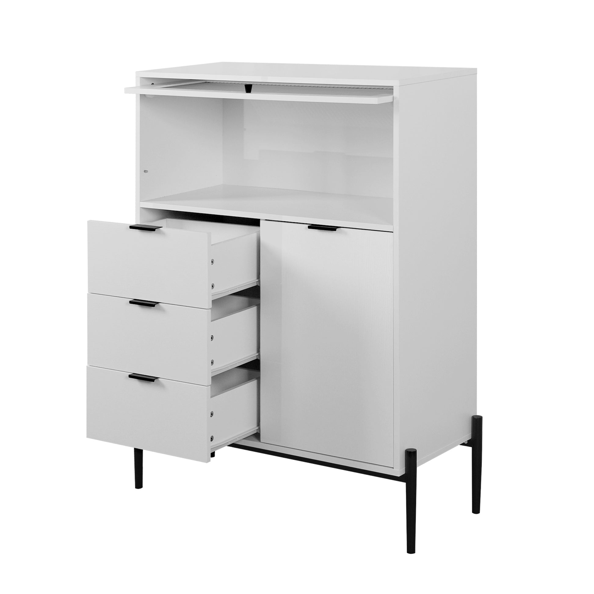 Sideboard With 3 Drawers ,1 Door And 1 Glass Door Wood Cabinet With Storage For Kitchen, Dining Room, Hallway 33.46" X 15.74" X 47.2" 5 Or More Spaces White White Glass Doors Modern Particle Board