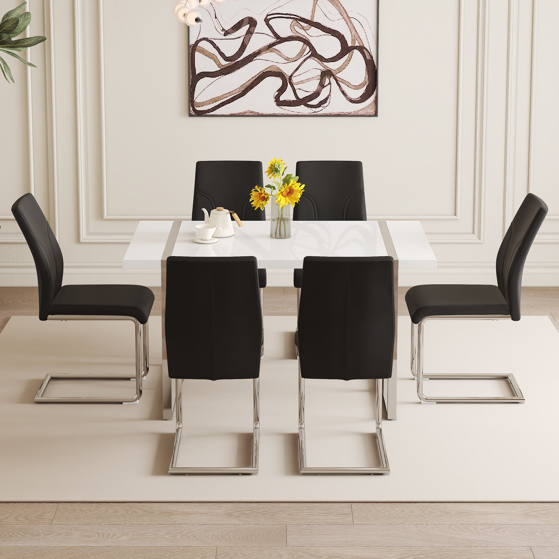 Table And Chair Set.55"X31.5" White Mdf Painting Dining Table Set With 6 Black Pu Chairs.Showcasing A Modern And Stylish Look.Suitable For Dining Room.Mdf Painting,Iron Pipe Plating,Pu Chiairs.