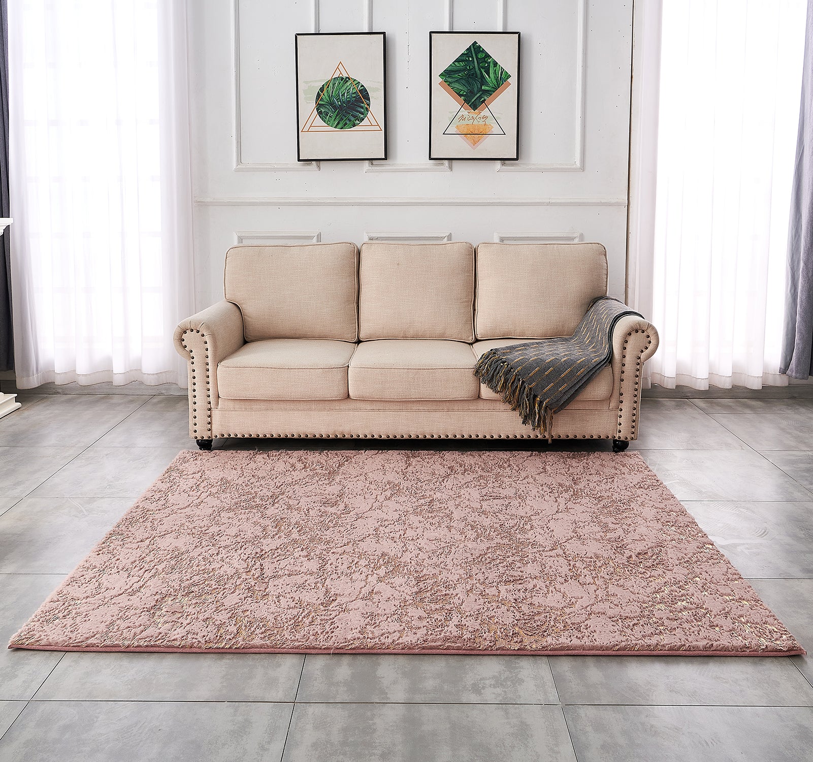 Luxury Machine Washable Dust Pink Abstract Gold Gilded Chinchilla Faux Fur Area Rug Dusty Rose Polyester