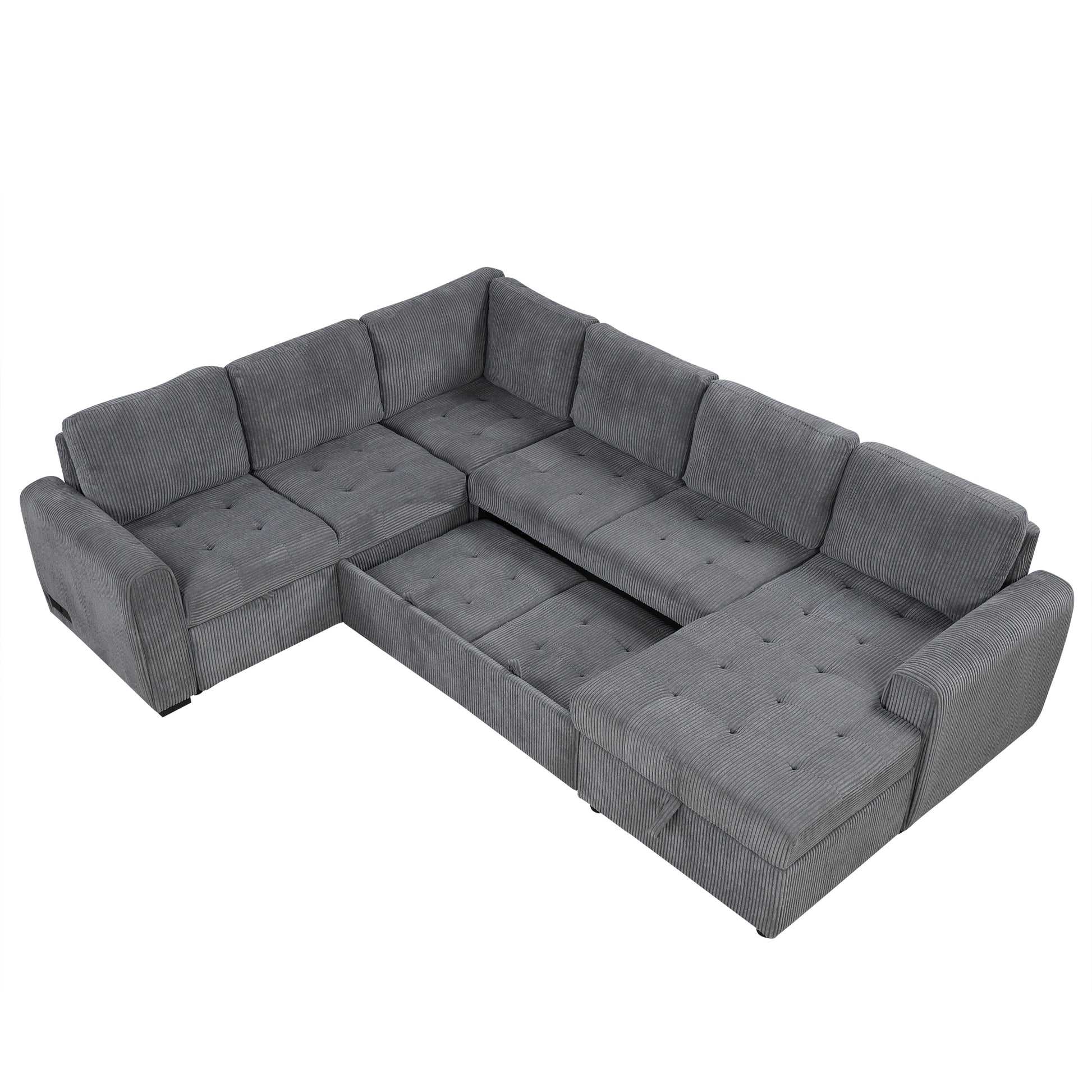 107.5" U Shaped Sofa Sectional Sofa Pull Out Sofa Bed With A Storage Chaise Lounge, Charging Devices For Living Room, Gray Gray Foam Corduroy 5 Seat