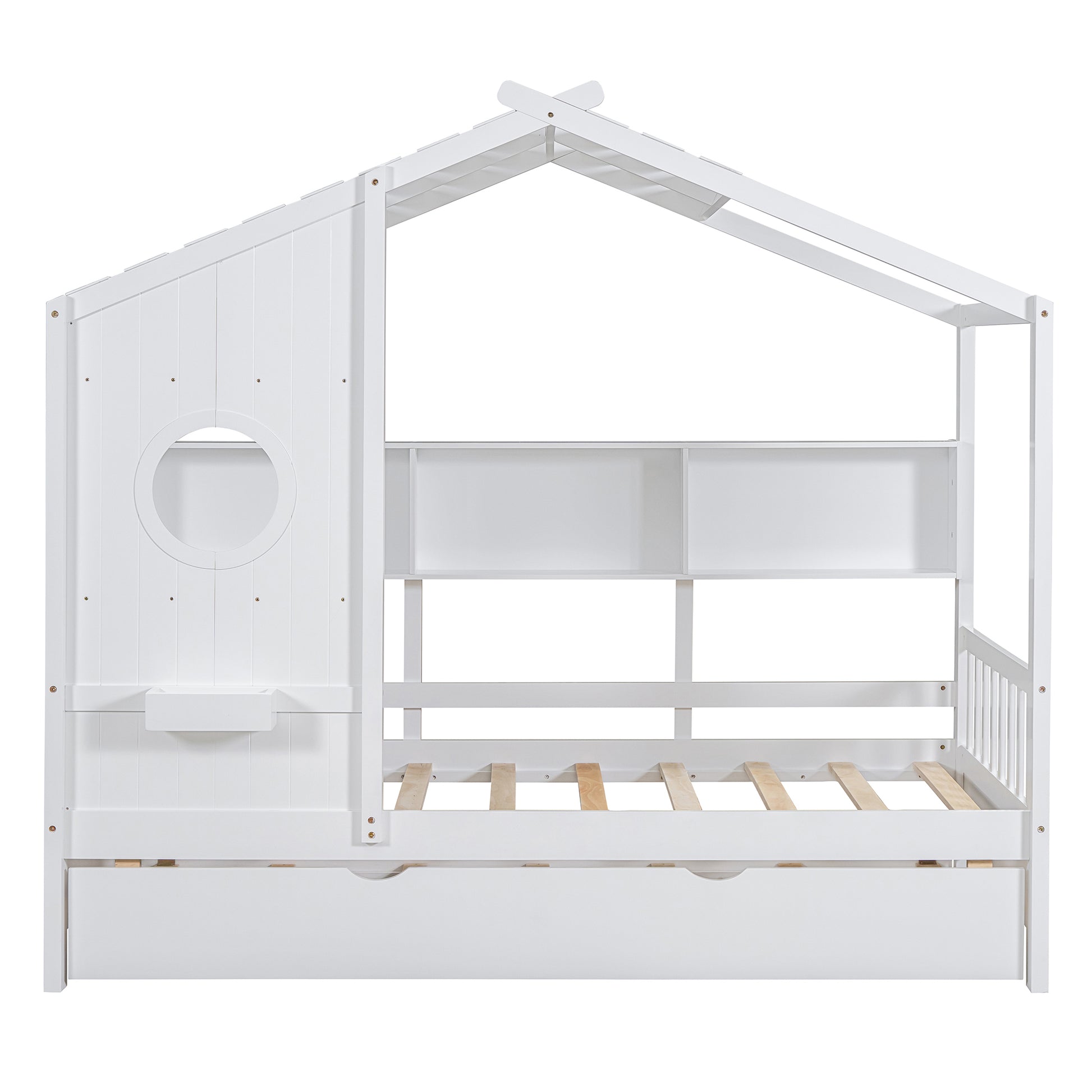 Wooden Twin Size House Bed With Trundle, Modern Design For Kids With Storage Shlef, White Twin White Solid Wood