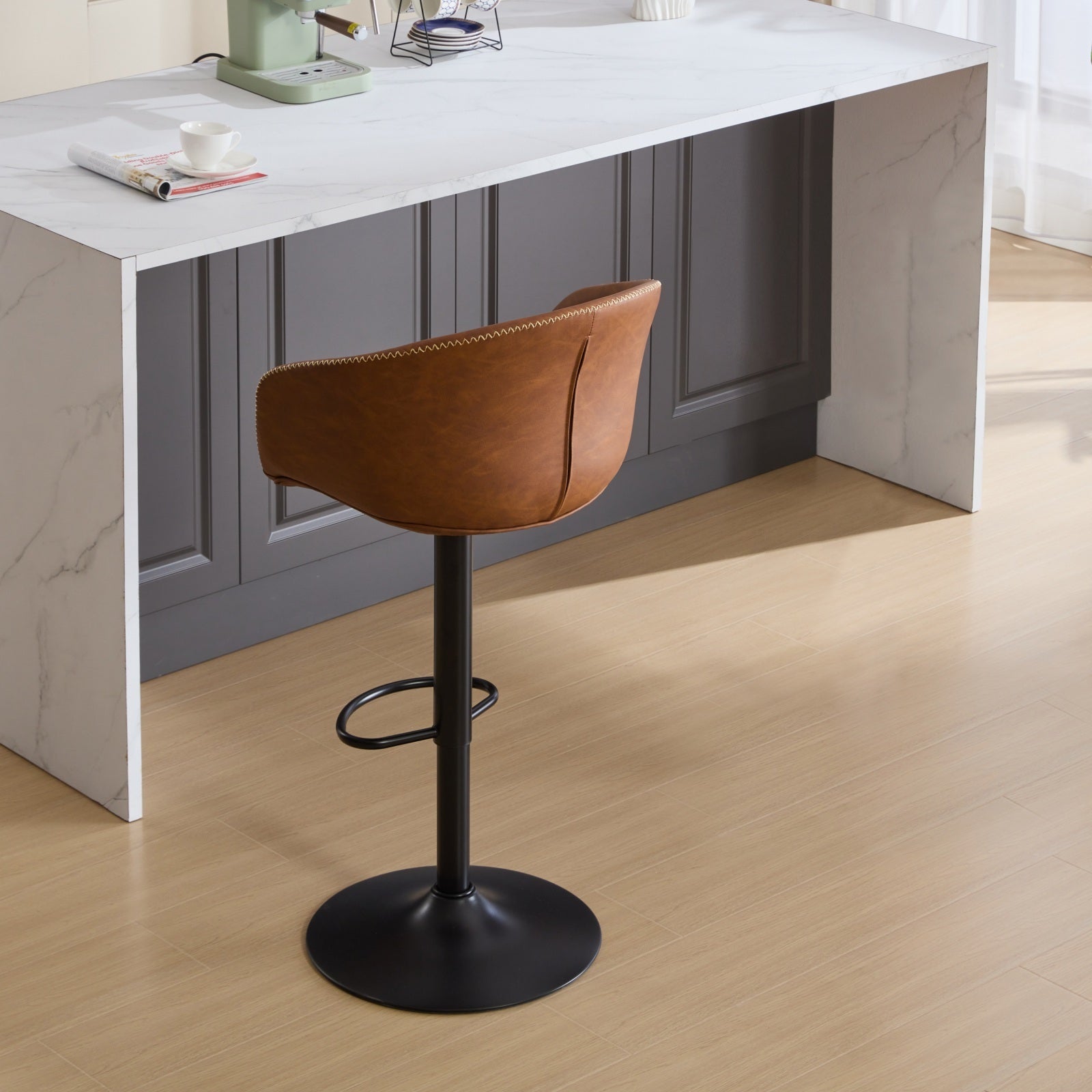 Adjustable Swivel Bar Stools, Mid Century Modern Pu Leather Upholstered Counter Height Bar Stool, Kitchen Island Barstools With Minimalism Style, 1 Chair 1Carton,Brown Brown Pu Mid Century Modern,Minimalist Bar Stools 1 Foam Pu Leather