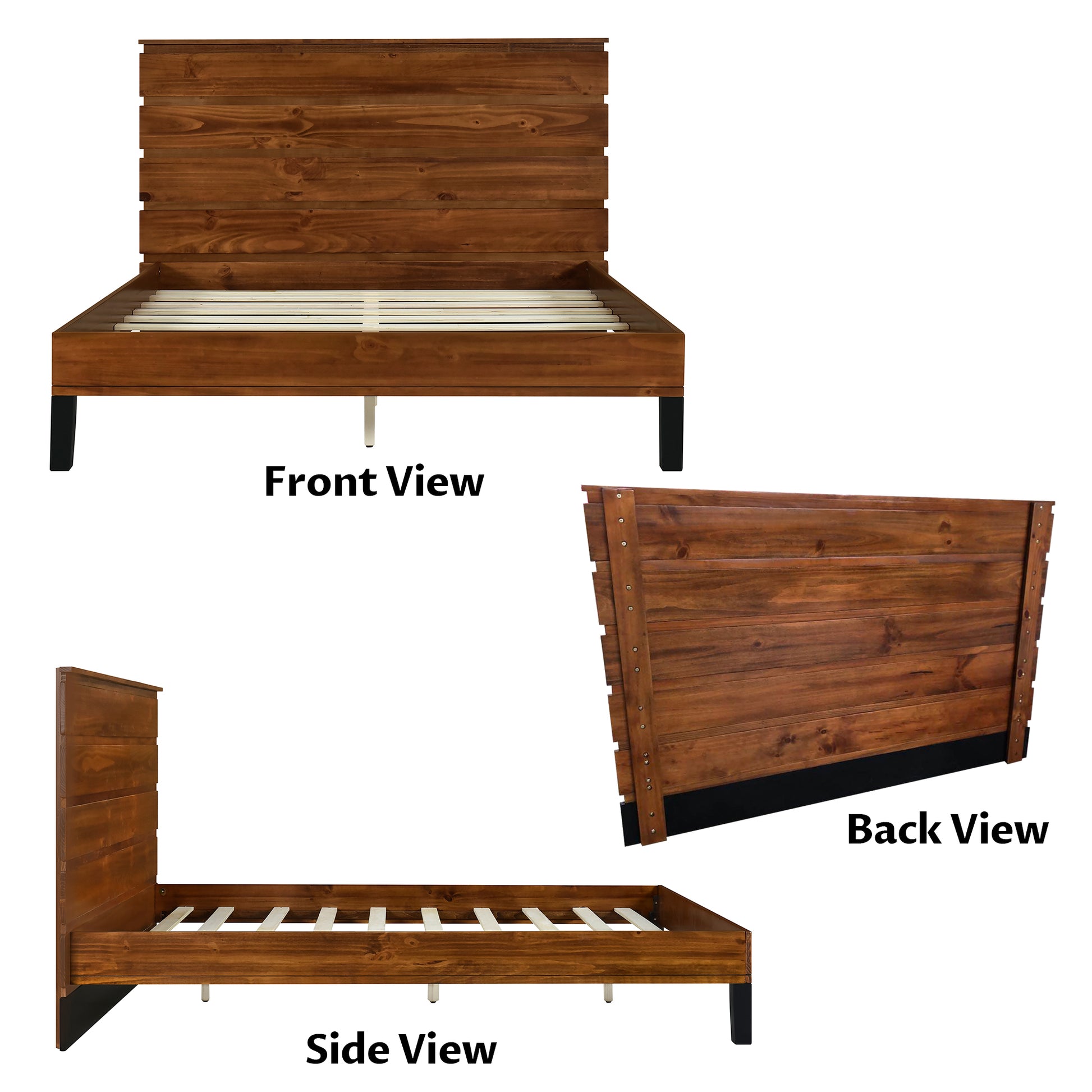 Mid Century Modern Solid Wood Bed Frame King Size Platform Bed With Six Piece Headboard Design, No Box Spring Needed, Brown King Brown Pine
