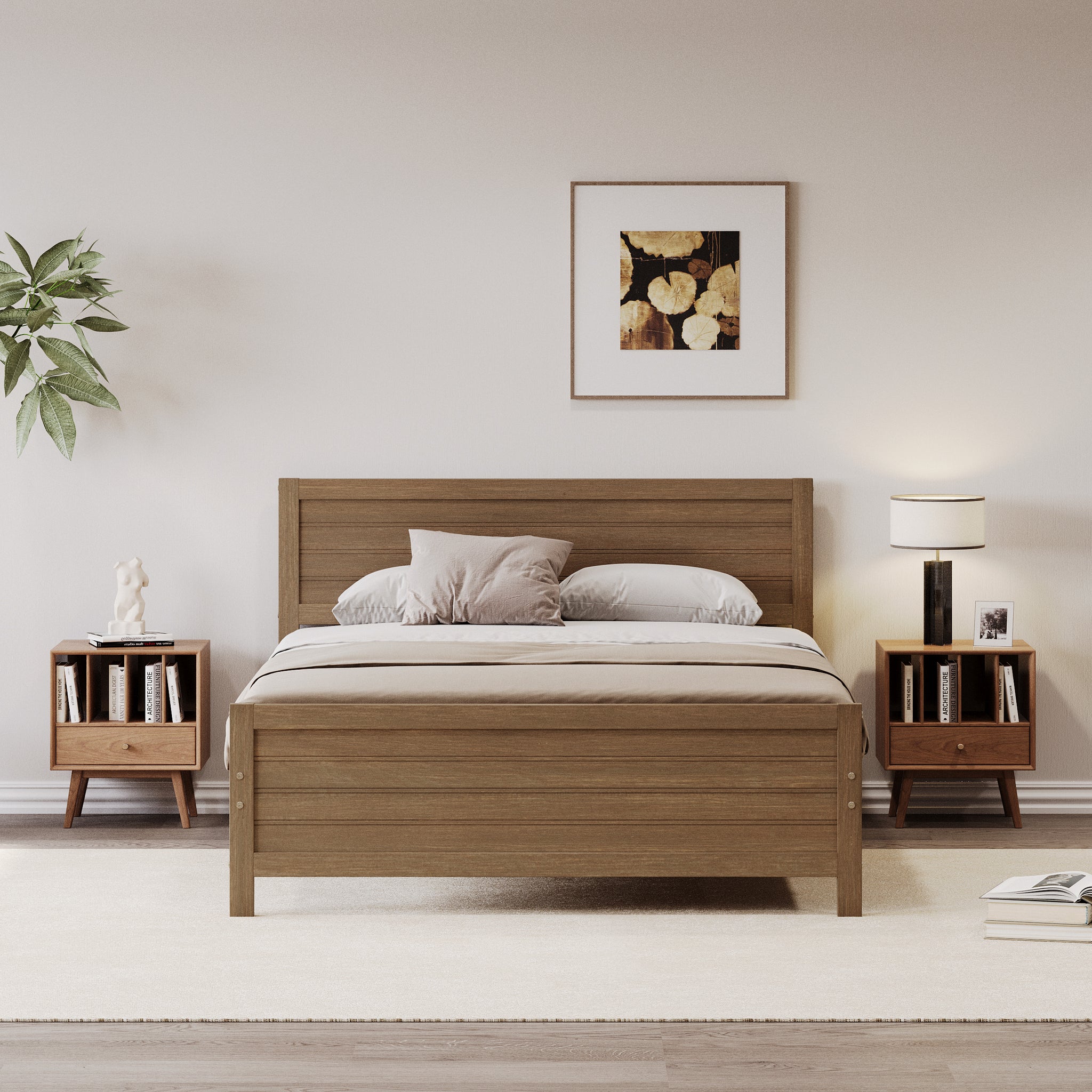 Wood Platform Bed Frame With Headboard, Mattress Foundation With Wood Slat Support, No Box Spring Needed, King Size, Walnut Box Spring Not Required King Walnut Wood Solid Wood Mdf