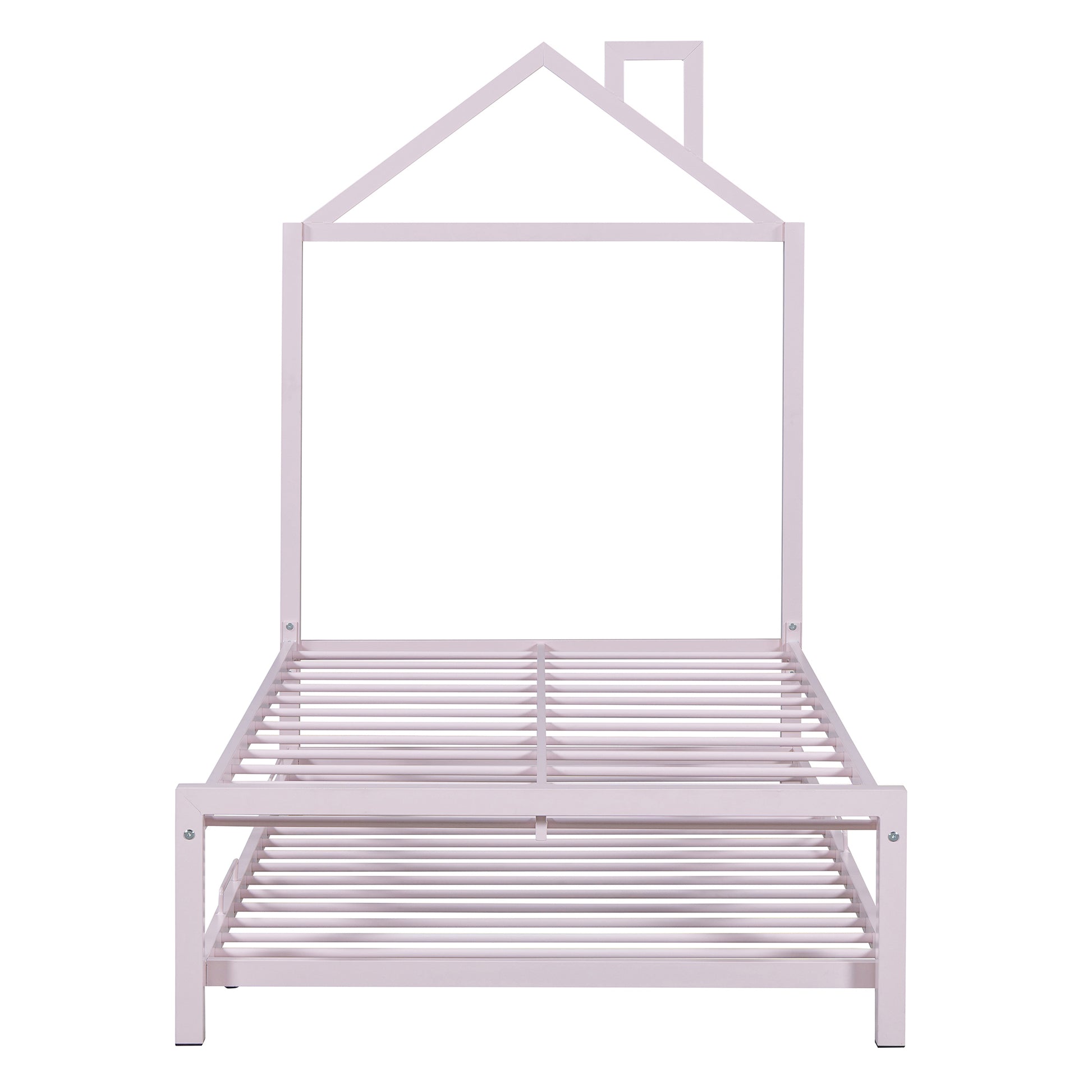 Twin Size Metal Platform Bed With Twin Size Trundle,House Shaped Headboard Design, Pink Twin Pink Metal
