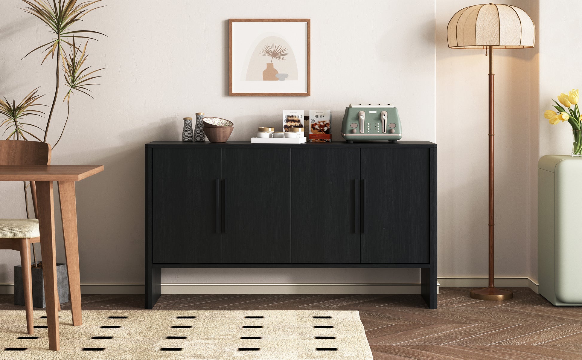 4 Door Large Storage Retro Sideboard With Adjustable Shelves And Long Handles For Kitchen, Dining Room And Living Room Black Black Mdf