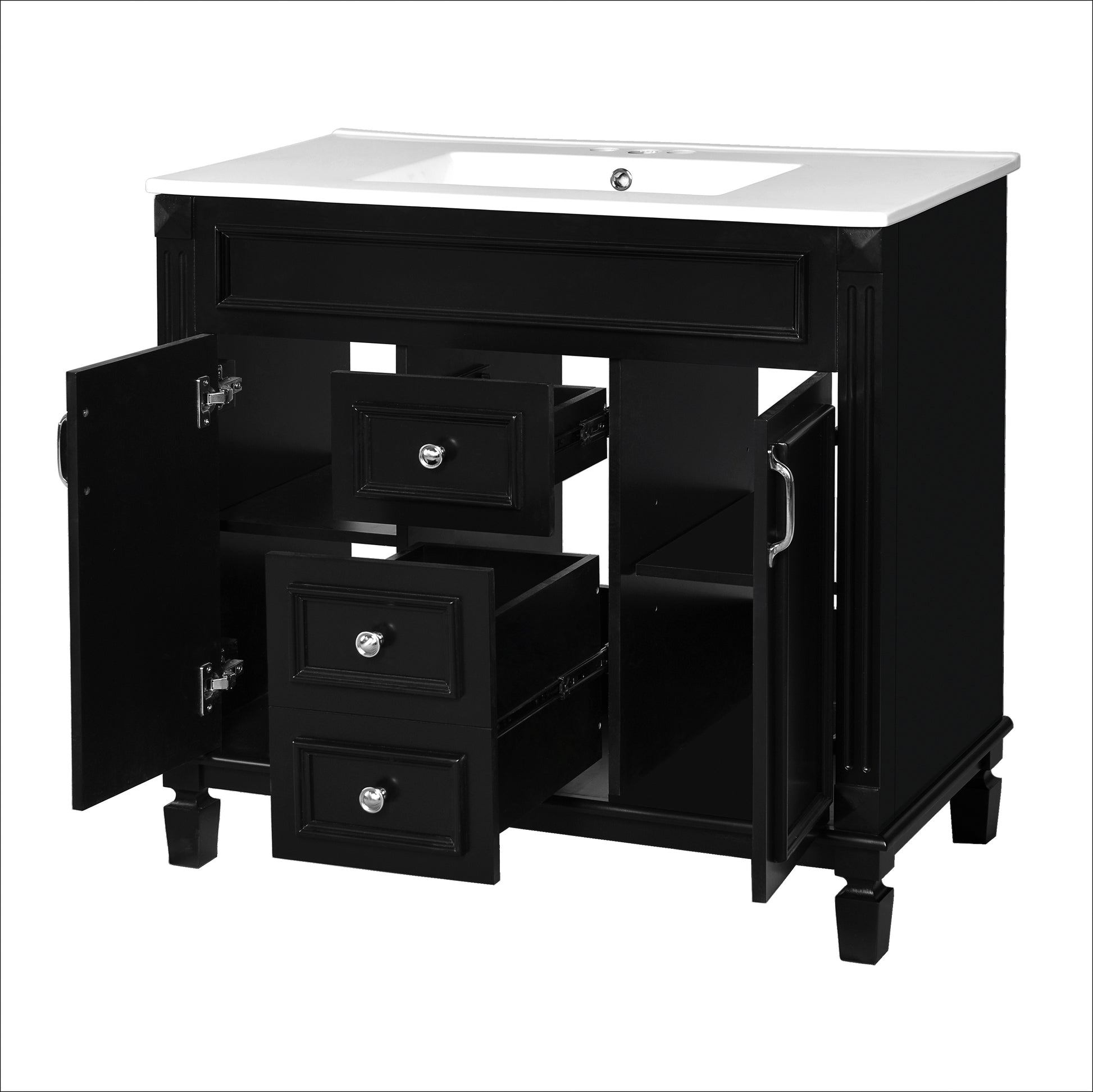 36'' Bathroom Vanity With Top Sink, Black Mirror Cabinet, Modern Bathroom Storage Cabinet With 2 Soft Closing Doors And 2 Drawers, Single Sink Bathroom Vanity Black Bathroom Mdf Ceramic,Solid Wood