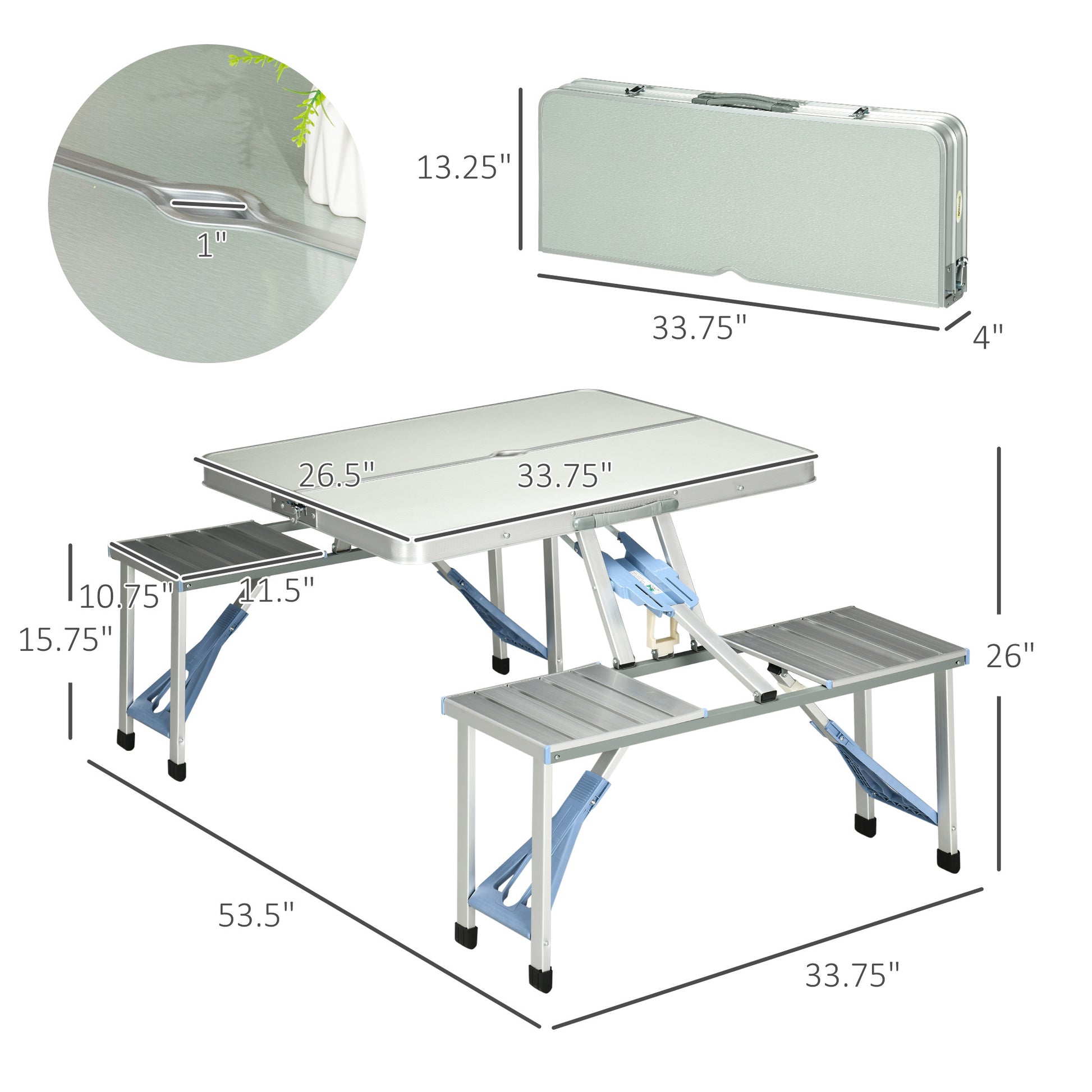 Outsunny Folding Picnic Table With Umbrella Hole, Aluminum Suitcase Portable Outdoor Table With Bench, Patio, Porch Or Camping Table And Chair Set, Silver Silver Mdf