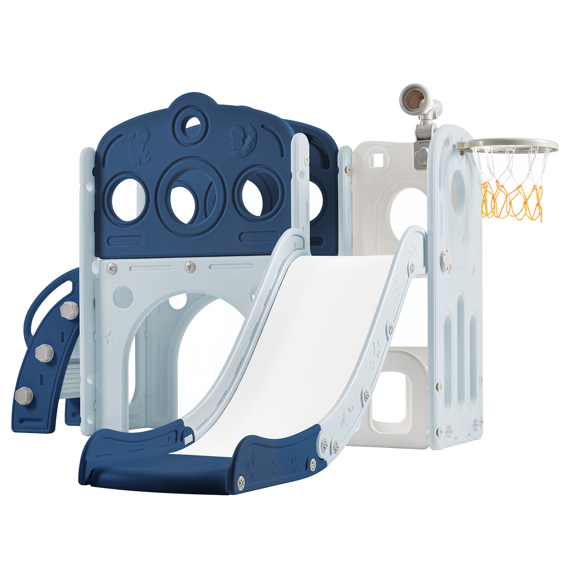 7 In 1 Toddler Slide Set, Freestanding Space Set With Slide, Kids Slide Playset Structure, Arch Tunnel And Basketball Hoop, Toy Storage Organizer For Toddlers, Kids Climbers Playground Blue 50 99 Lbs Cute 1 To 2 Years Hdpe Indoor & Outdoor Use